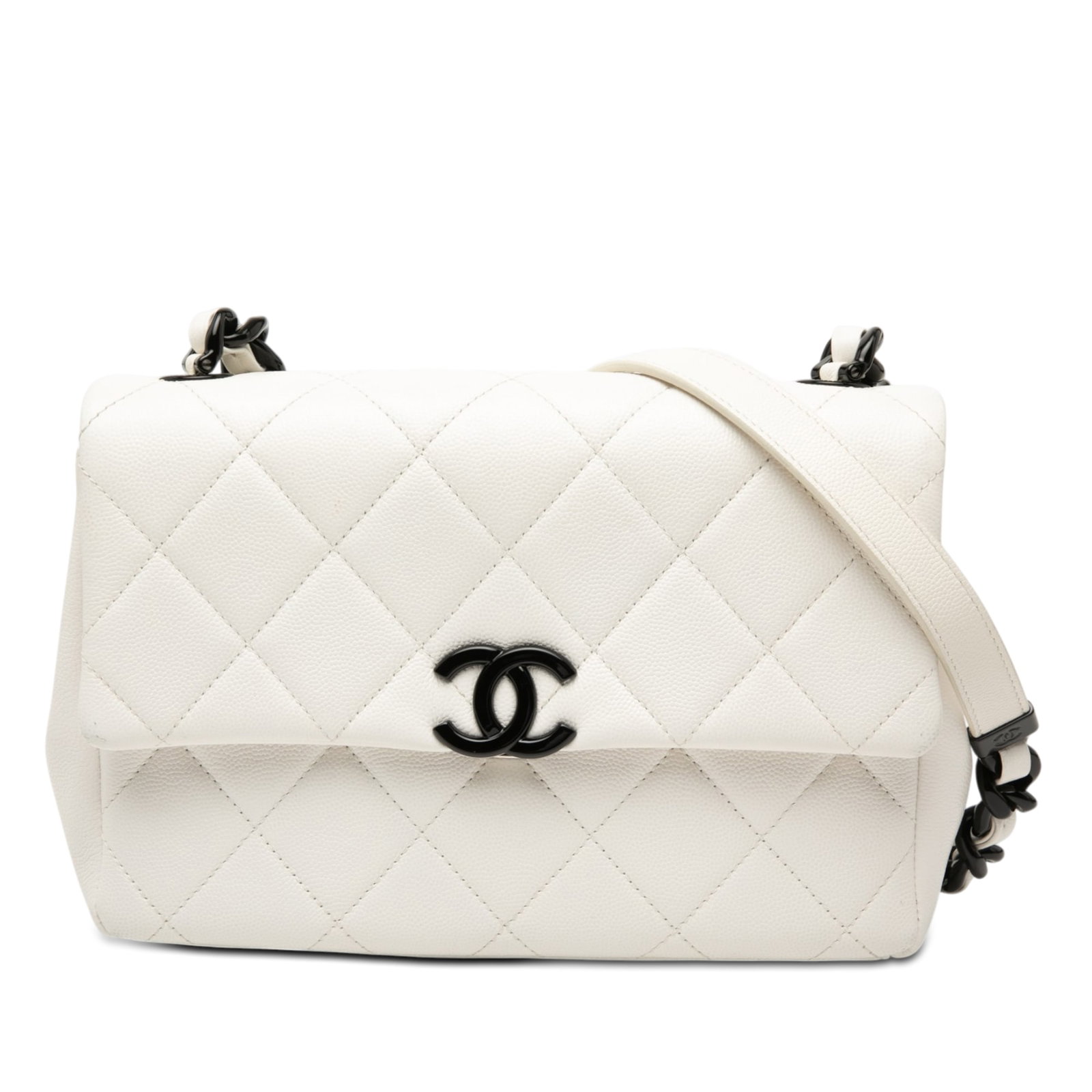 Chanel white quilted caviar crossbody flap bag: Chanel white quilted caviar crossbody flap bag This Chanel Medium Quilted Caviar My Everything Flap crossbody bag is crafted from quilted caviar leather in white. It features a leather-woven chain str