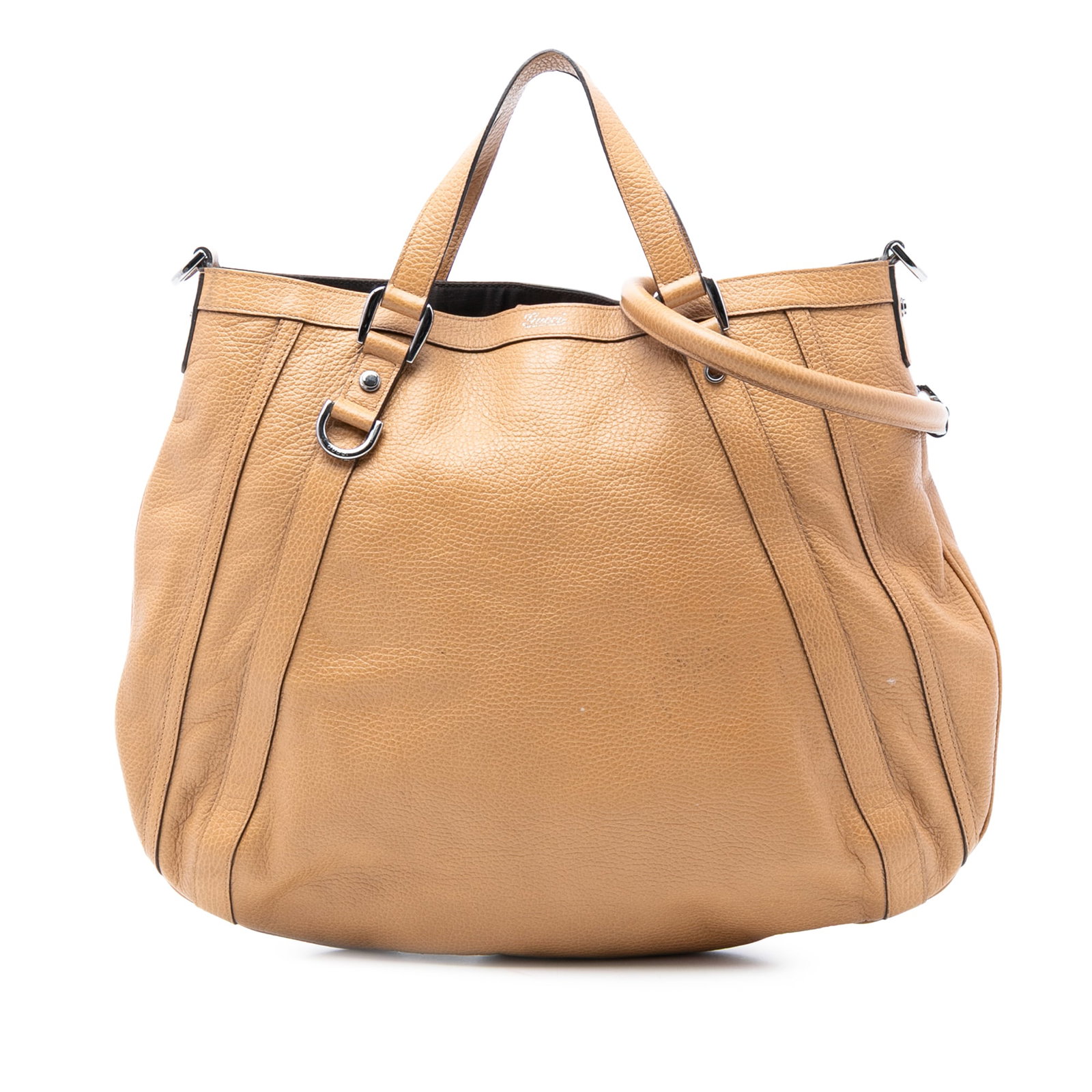 Gucci Abbey leather satchel with detachable strap: Gucci Abbey leather satchel with detachable strap This Gucci Leather Abbey D Ring Satchel features a brown leather body with flat leather handles, a detachable rolled leather strap, and an open top wi