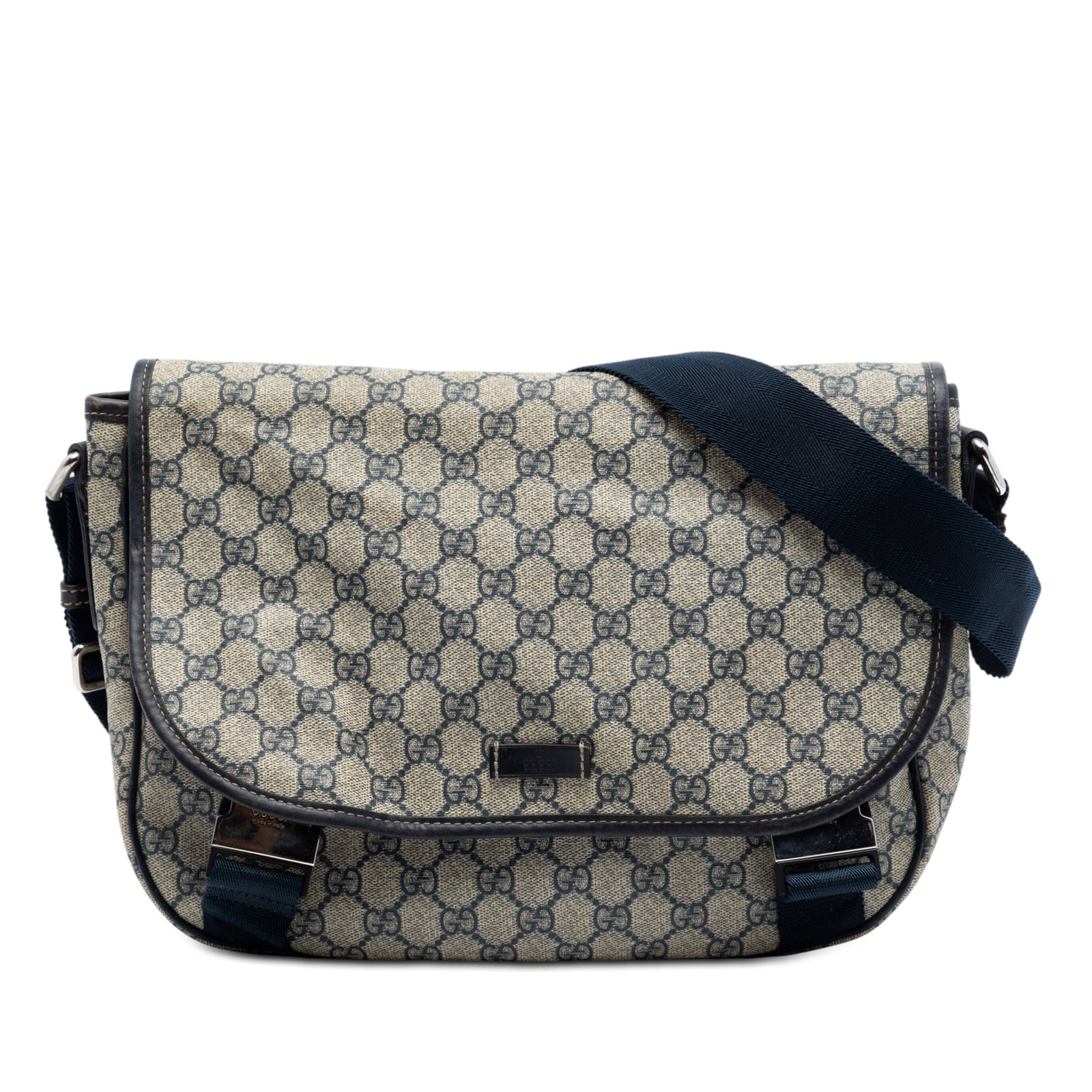 Gucci GG Supreme Beige Crossbody Bag: Gucci GG Supreme Beige Crossbody Bag This Gucci GG Supreme Crossbody bag features a coated canvas body with leather trim and an adjustable flat strap. It has a top flap with dual buckle closures and a