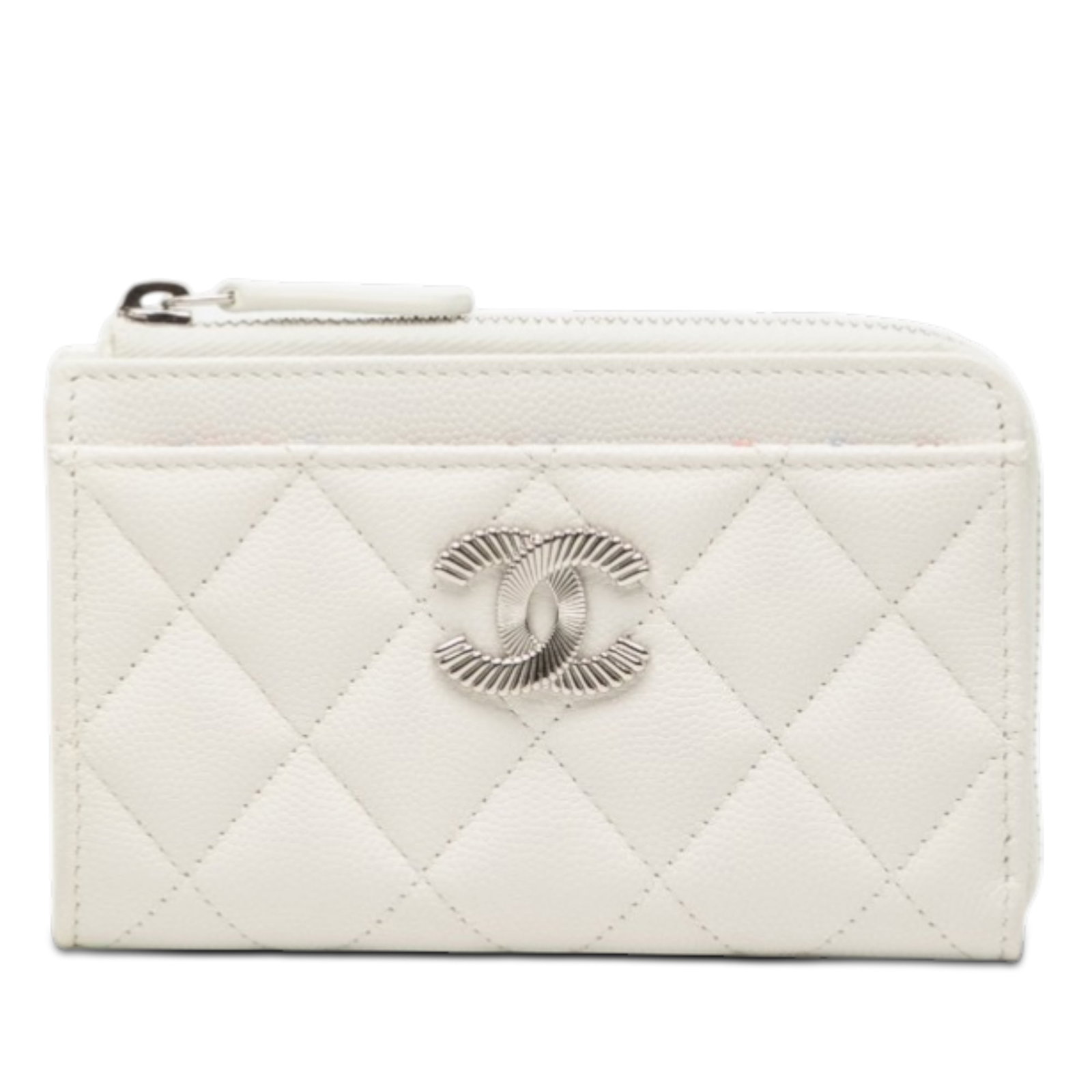 Chanel White Quilted Caviar Zip Card Holder: Chanel White Quilted Caviar Zip Card Holder This Chanel CC Quilted Caviar Zip Around Coin and Card Holder features a quilted caviar leather body in white, a zip around closure, and convenient exterior