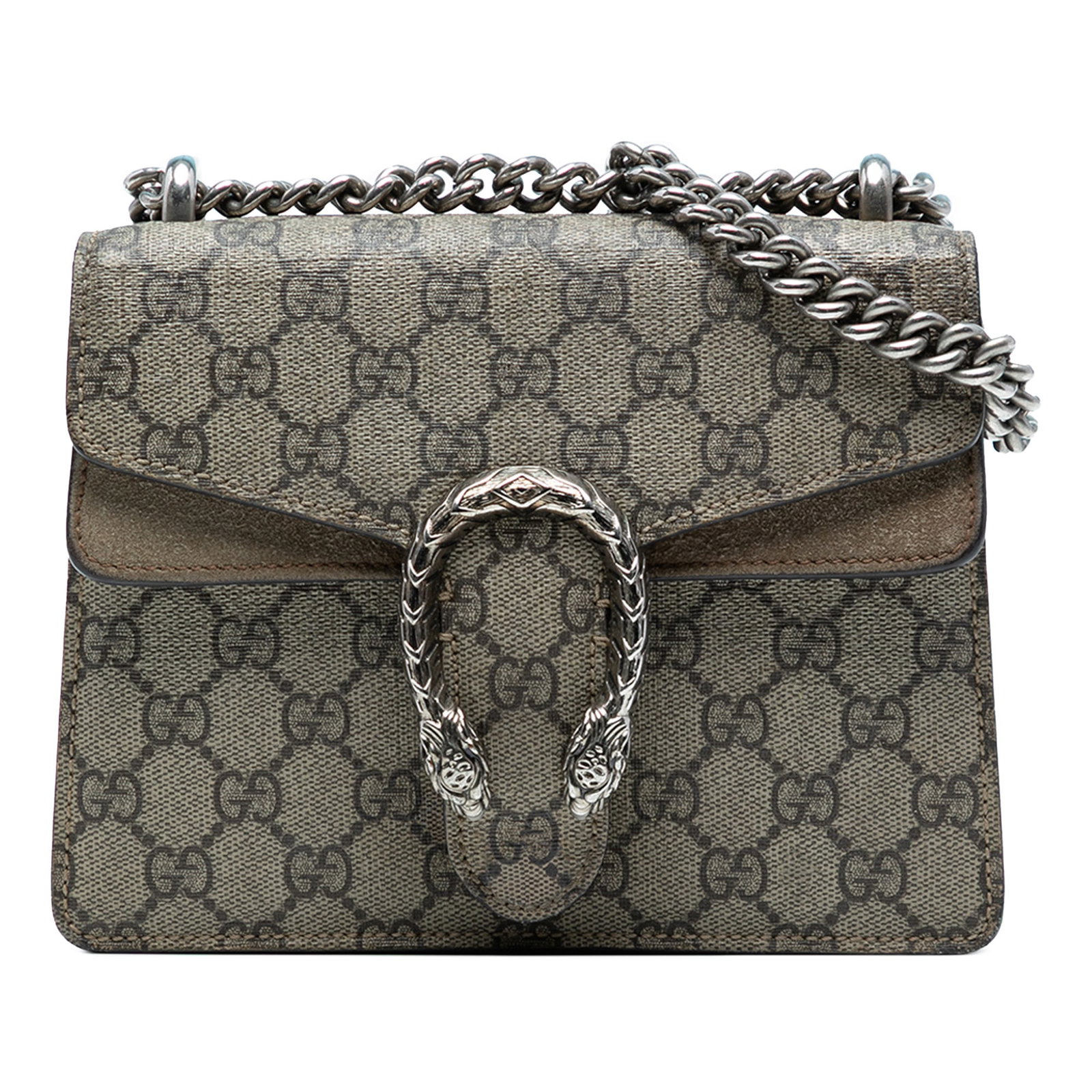 Gucci Dionysus Small GG Supreme Brown Crossbody Bag with Chain Strap: Gucci Dionysus Small GG Supreme Brown Crossbody Bag with Chain Strap This Gucci Small GG Supreme Dionysus Crossbody bag features a coated canvas body with suede leather trim, a silver-tone chain link 