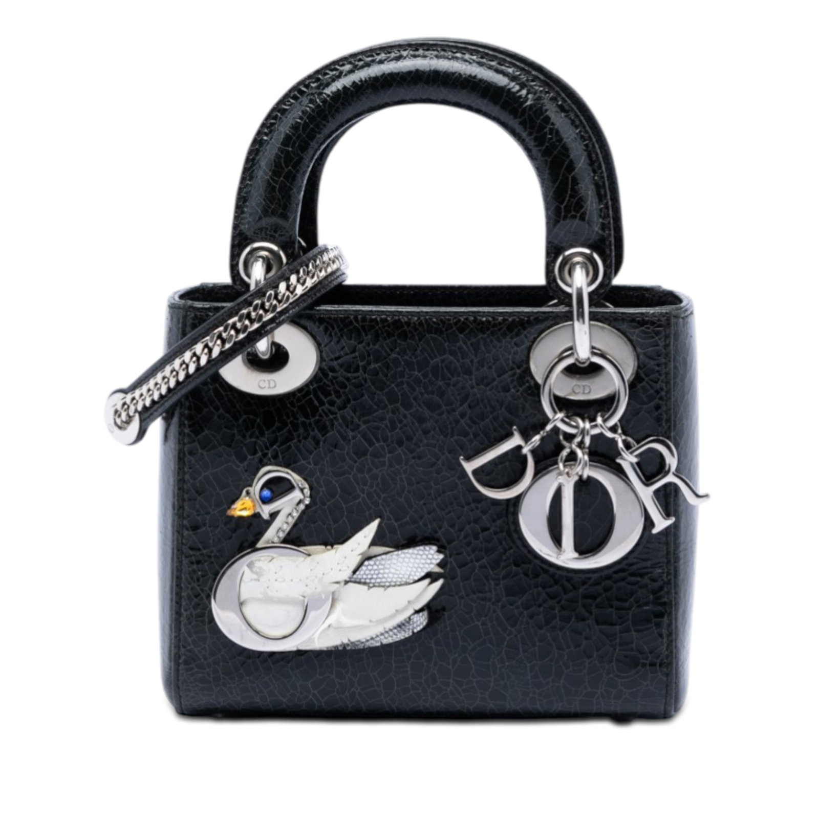 Dior Lady Dior Mini Jeweled Swan Black Leather Bag: Dior Lady Dior Mini Jeweled Swan Black Leather Bag This Lady Dior Mini bag features a ceramic effect deerskin leather body in black, adorned with jeweled swan embellishments. It includes flat handles,