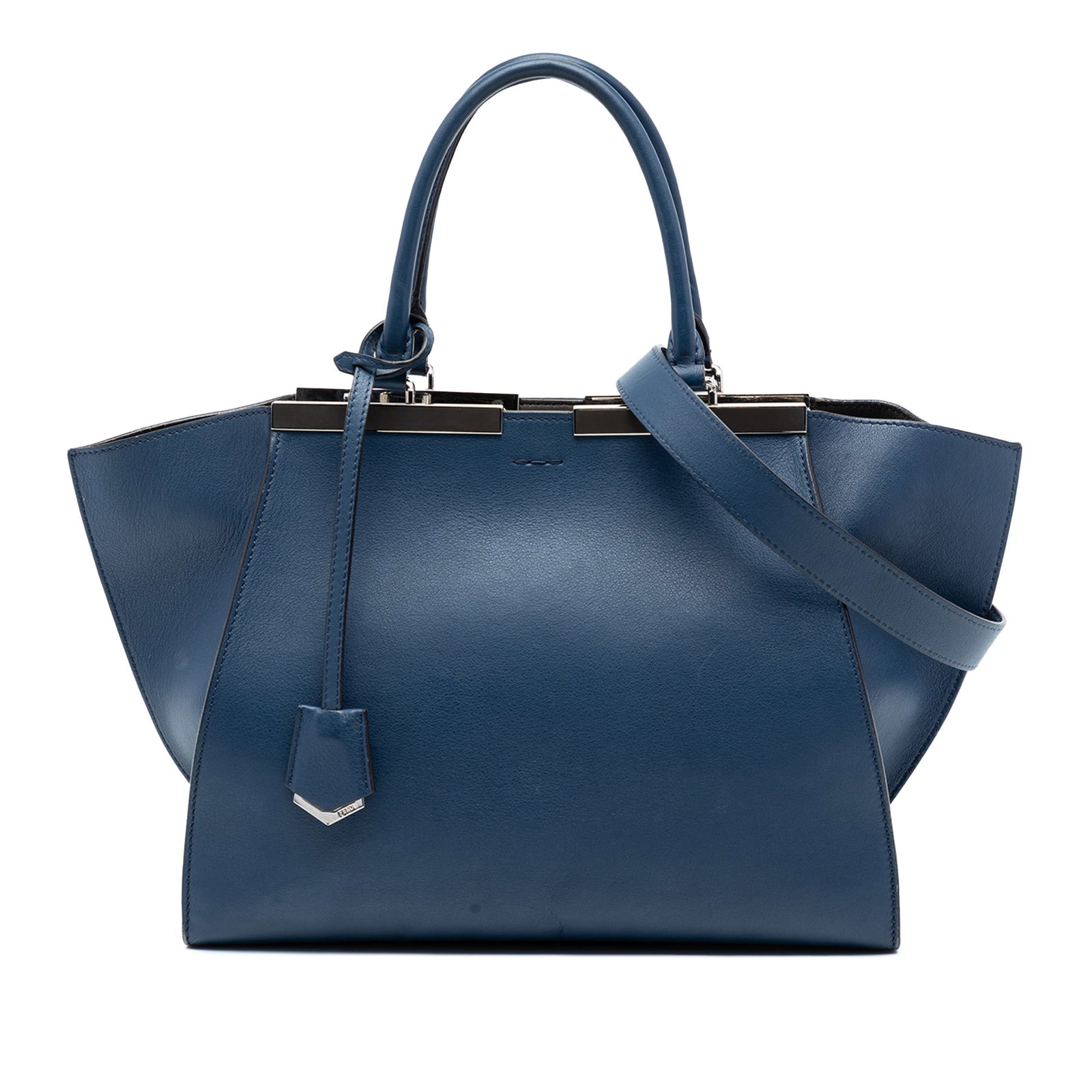 Fendi 3Jours Blue Leather Satchel Medium: Fendi 3Jours Blue Leather Satchel Medium This Fendi Medium Calfskin 3Jours Satchel showcases a structured blue leather body with rolled leather handles and a detachable flat leather strap. The bag fea