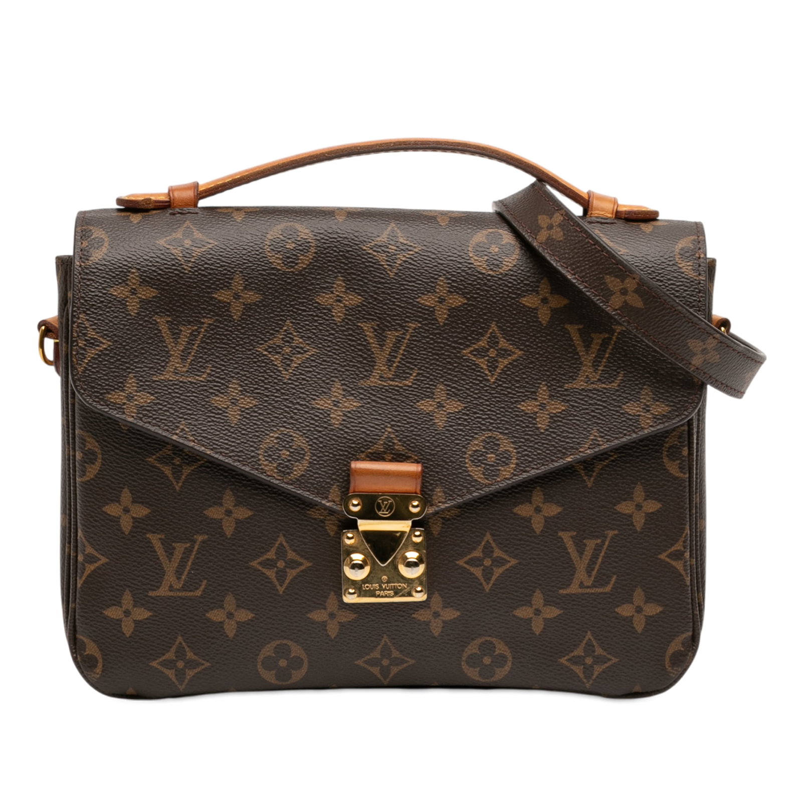Louis Vuitton Pochette Metis Monogram Canvas Shoulder Bag with Top Handle: Louis Vuitton Pochette Metis Monogram Canvas Shoulder Bag with Top Handle The Louis Vuitton Monogram Pochette Metis is crafted from signature monogram canvas and features a flat vachetta leather top h