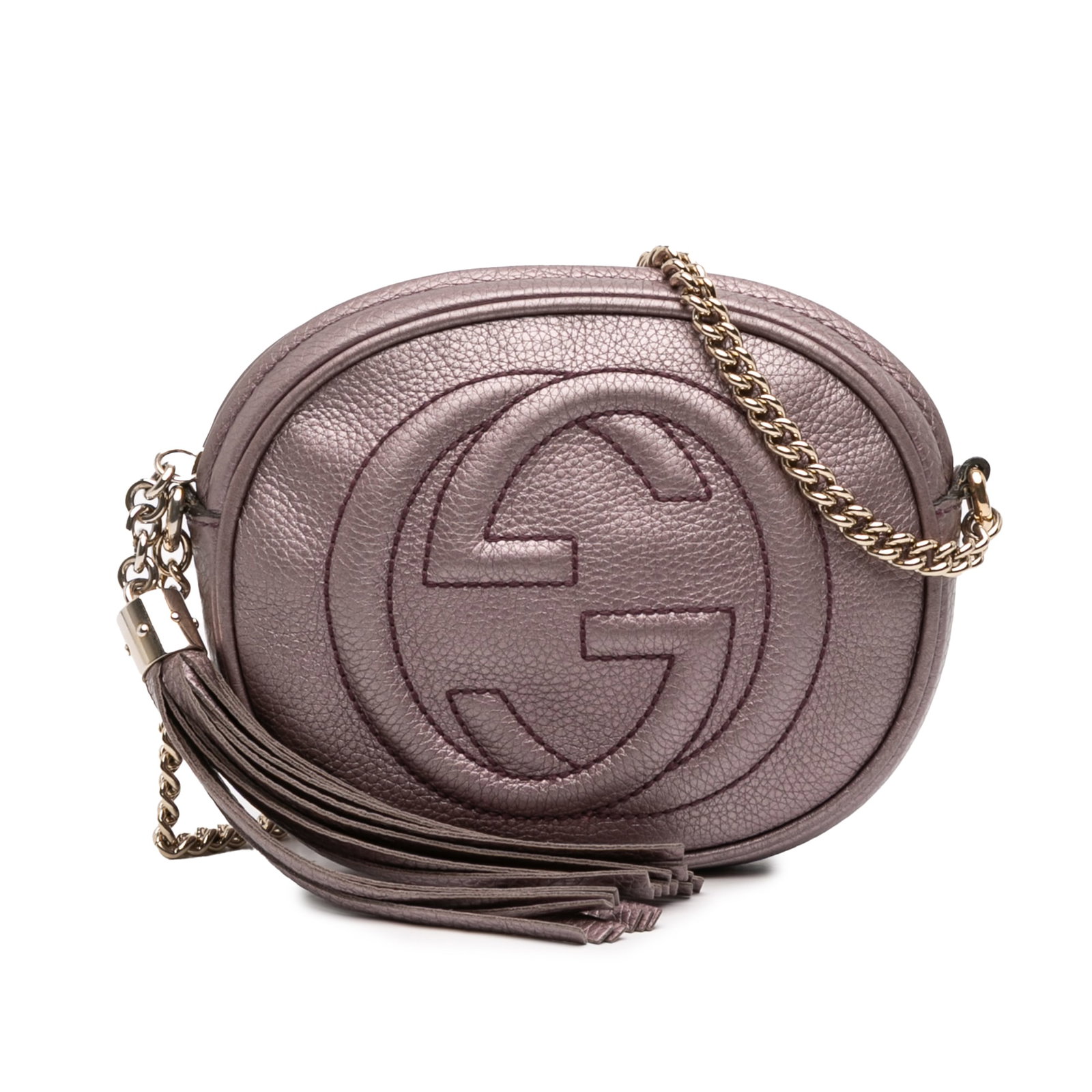 Gucci Soho Mini Crossbody Bag Metallic Pebbled Calfskin with Chain Strap: Gucci Soho Mini Crossbody Bag Metallic Pebbled Calfskin with Chain Strap This Gucci Mini Metallic Pebbled Calfskin Soho Chain Crossbody features a metallic leather body with a pebble texture, a tassel
