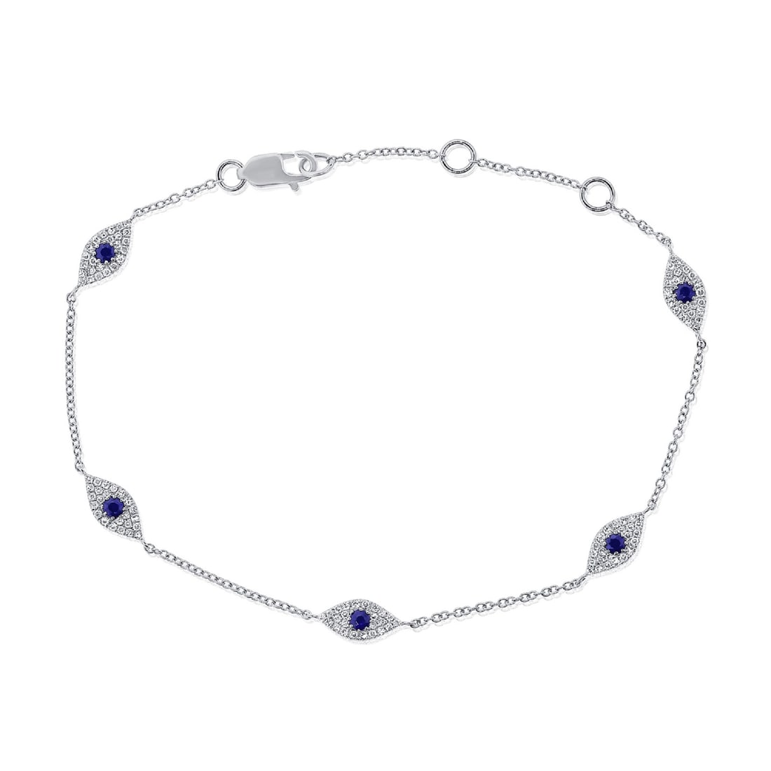 Sabrina Designs 14k White Gold Diamond Sapphire Evil Eye Bracelet: Sabrina Designs 14k White Gold Diamond Sapphire Evil Eye Bracelet This 14k white gold bracelet features an elegant evil eye design adorned with round sapphires and 120 SI1 clarity diamonds totaling 0.