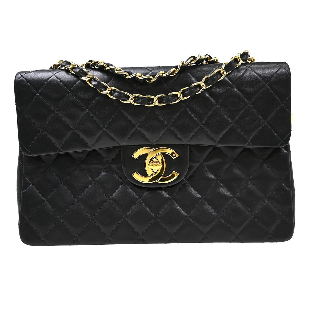 Chanel Black Leather Flap Shoulder Bag 33cm x 24cm x 10cm: Chanel Black Leather Flap Shoulder Bag 33cm x 24cm x 10cm This Chanel Flap Shoulder Bag is crafted from black leather and designed for women. The bag features a classic flap style and is made in Franc