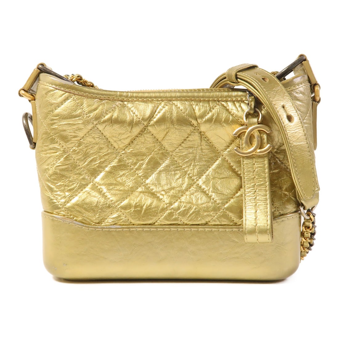 CHANEL Gabrielle Small Gold Calfskin Shoulder Bag: CHANEL Gabrielle Small Gold Calfskin Shoulder Bag This CHANEL Gabrielle Small Chain Shoulder Bag is crafted from luxurious calfskin leather and features a gold exterior with matching gold-tone frame. 