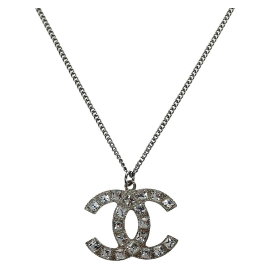 CHANEL Silver Metal Coco Mark Necklace with Box: CHANEL Silver Metal Coco Mark Necklace with Box This CHANEL necklace features the iconic Coco Mark CC motif in a silver-tone metal finish. Designed for women, it offers a total length of approximately