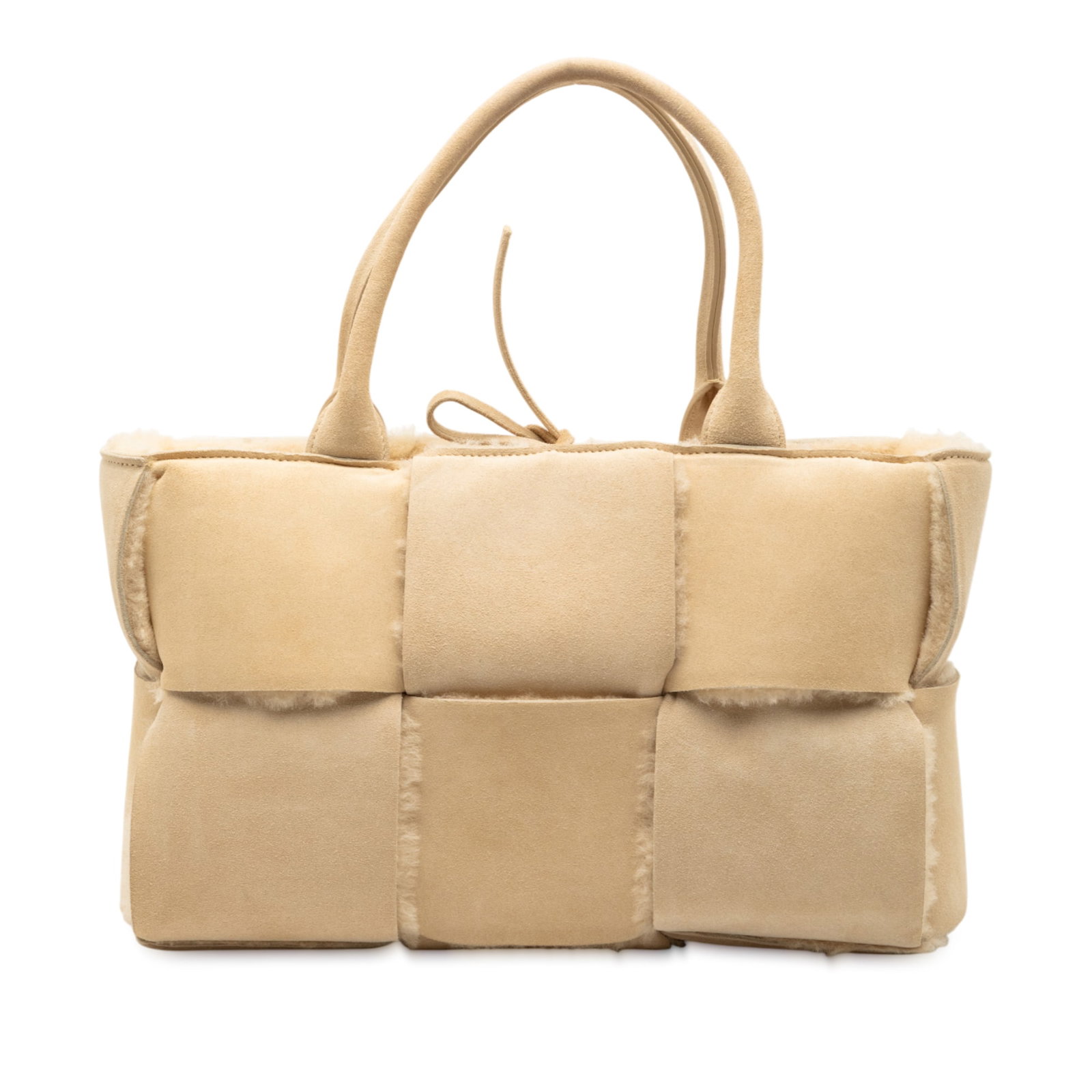 Bottega Veneta Arco Tote Small Suede Shearling Maxi Intrecciato Brown Bag (1 of 8)