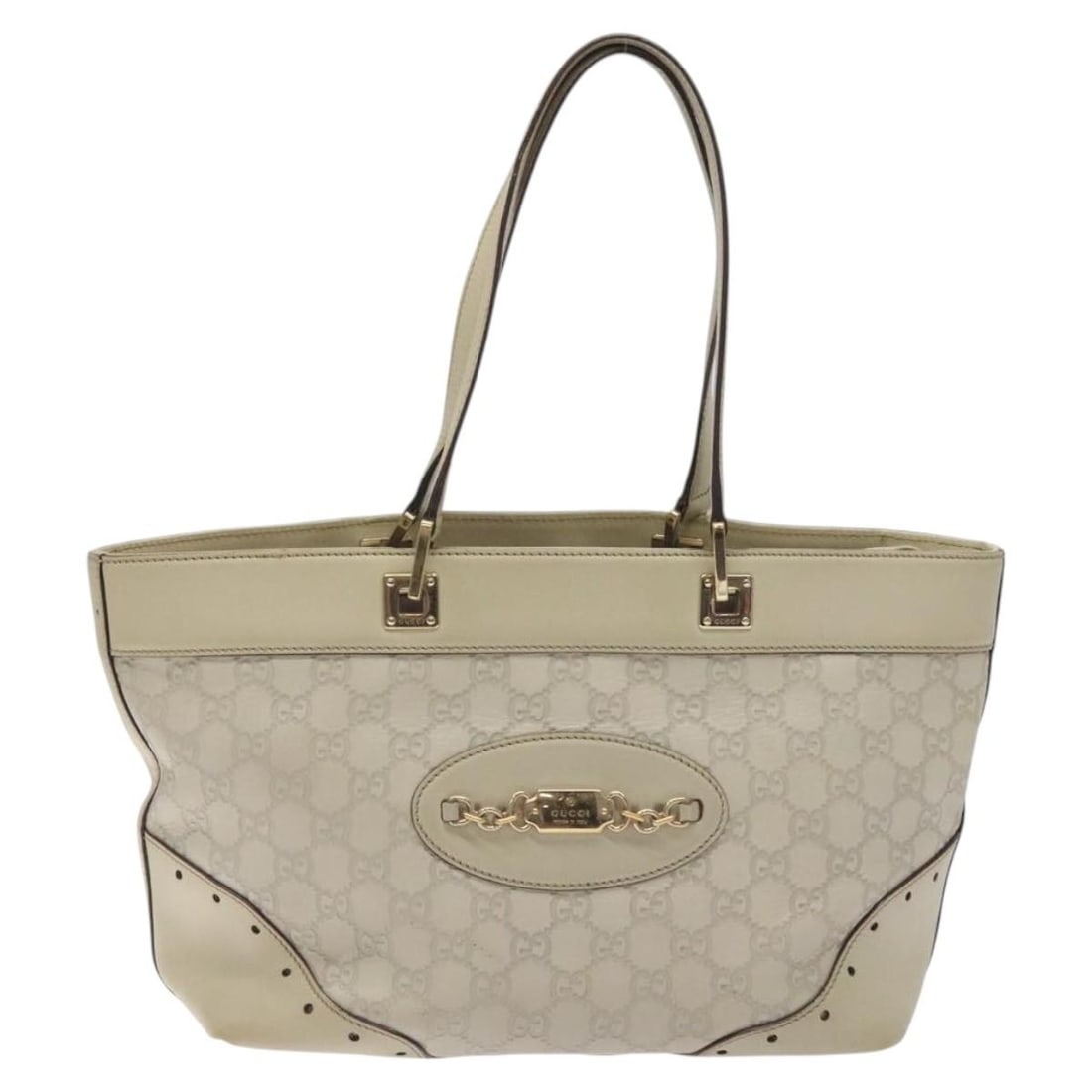 White Gucci Canvas Shoulder Bag 28x21x12cm for Women: White Gucci Canvas Shoulder Bag 28x21x12cm for Women This Gucci GG Canvas Bag for women features a white canvas exterior with visible signs of wear, including surface rubbing, stains, and shape loss. 