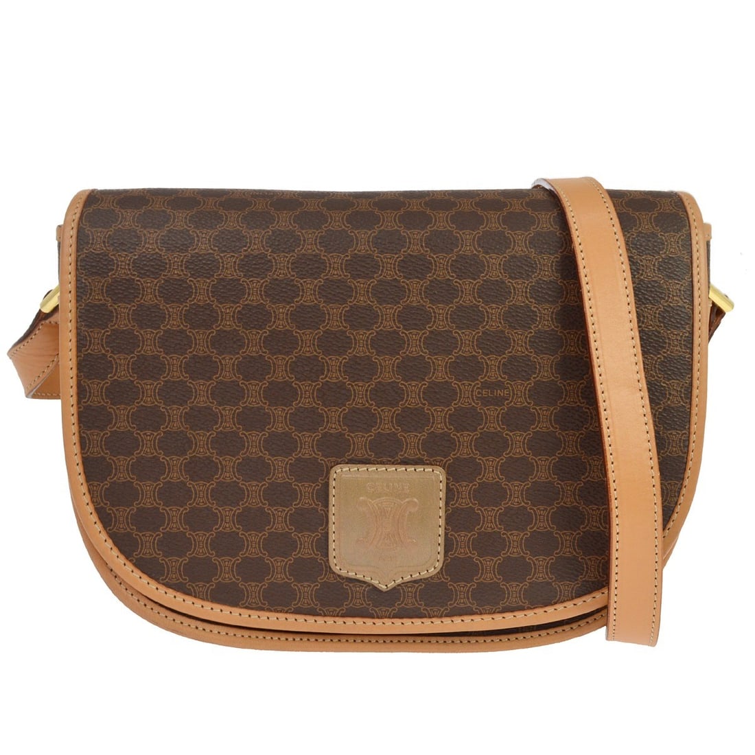 Celine Macadam Brown PVC Leather Shoulder Bag: Celine Macadam Brown PVC Leather Shoulder Bag This Celine Macadam shoulder bag features a classic brown PVC exterior with leather accents and a distinctive logo detail. Designed for casual occasions, 