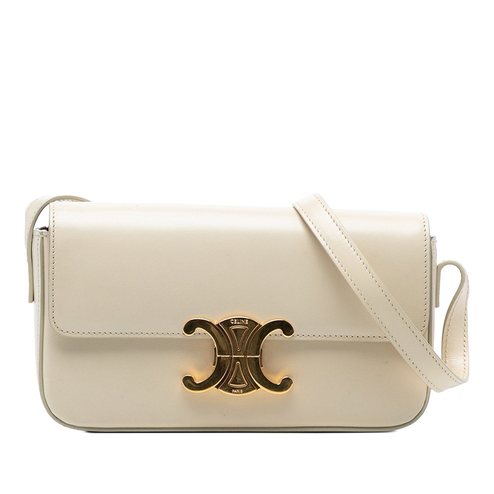 Celine Triomphe Claude brown leather shoulder bag: Celine Triomphe Claude brown leather shoulder bag This Celine Shiny Calfskin Triomphe Claude Shoulder Bag is crafted from brown leather and features a flat leather shoulder strap, a front flap with ma
