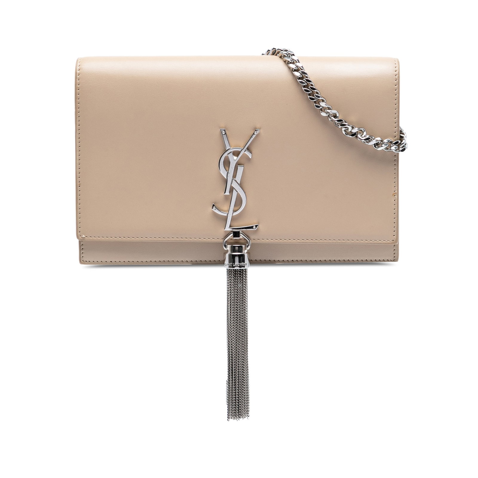 Saint Laurent Monogram Kate Tassel Wallet on Chain Brown Leather: Saint Laurent Monogram Kate Tassel Wallet on Chain Brown Leather Introducing the Saint Laurent Smooth Calfskin Monogram Kate Tassel Wallet on Chain, a sophisticated accessory crafted from premium leat