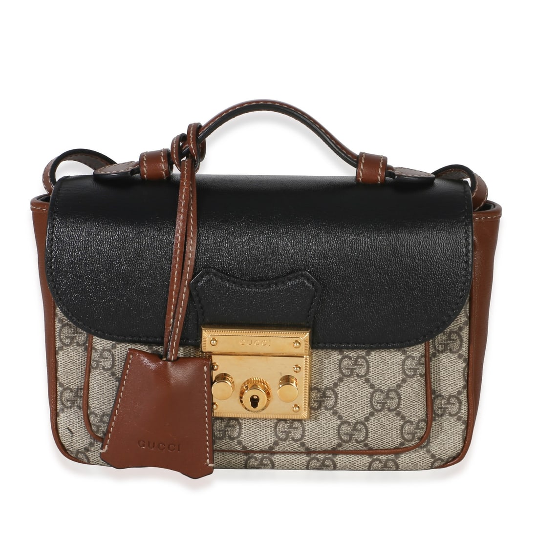 Gucci New Sakai Mini Padlock Bag Black Ebony GG Supreme: Gucci New Sakai Mini Padlock Bag Black Ebony GG Supreme This Gucci New Sakai Mini Padlock Bag features the iconic GG Supreme monogram in black and brown leather and canvas. Designed in Italy, it offer