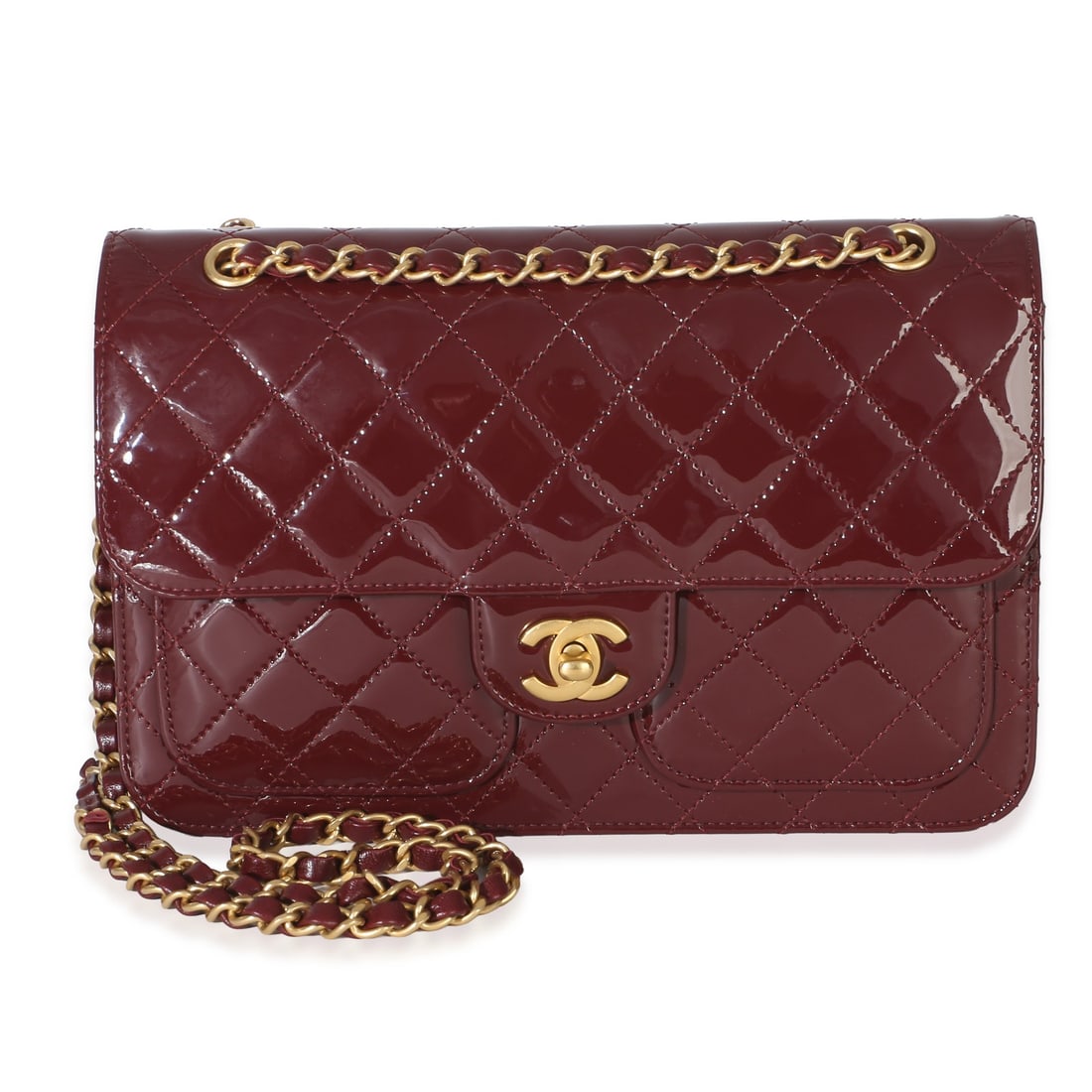 Chanel Double Pocket Flap Bag Burgundy Patent Leather Shoulder Bag: Chanel Double Pocket Flap Bag Burgundy Patent Leather Shoulder Bag This Chanel 25B Burgundy Quilted Patent Double Pocket Flap Bag features a luxurious patent leather exterior in a rich red hue, comple