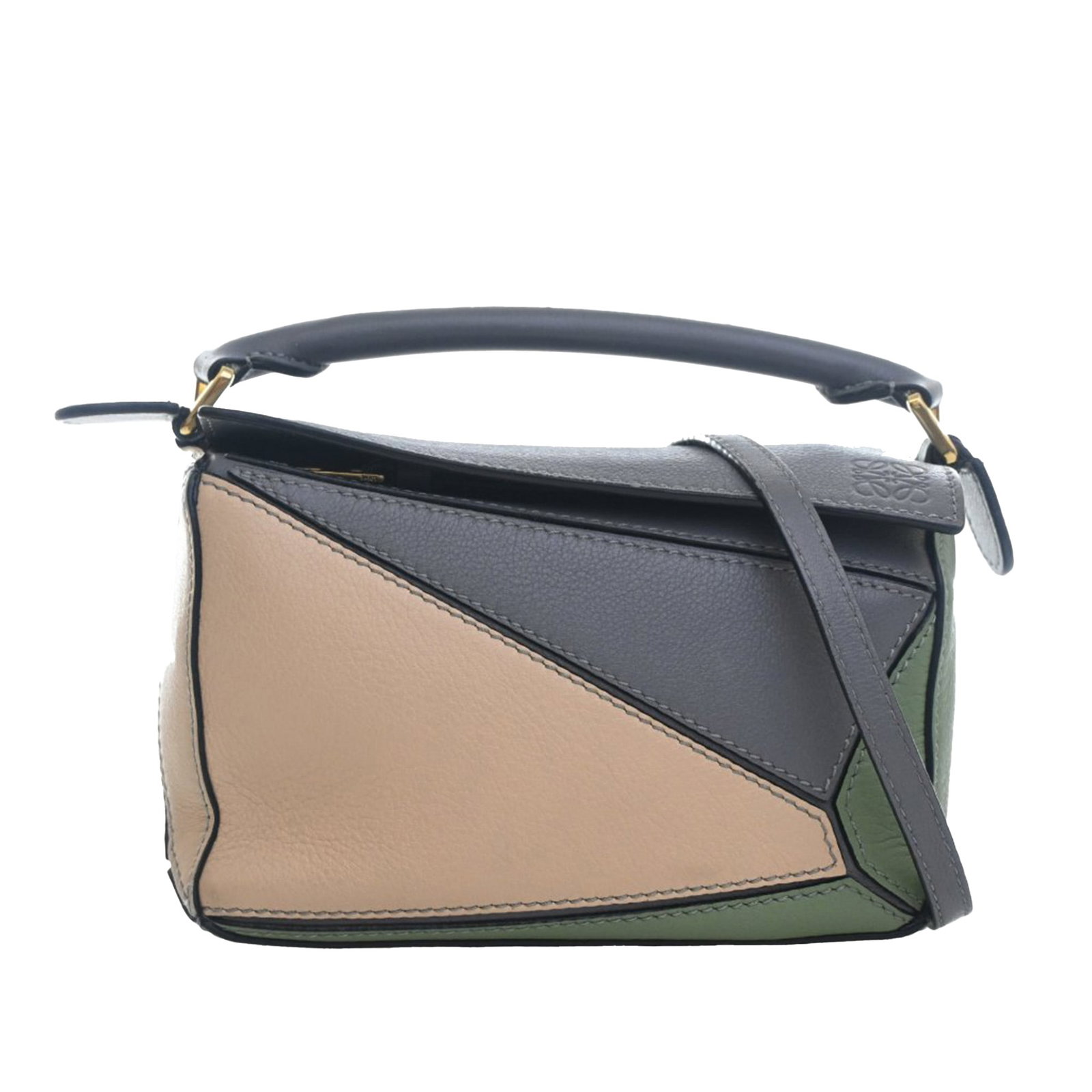 LOEWE Puzzle Mini Satchel in Tricolor Calfskin: LOEWE Puzzle Mini Satchel in Tricolor Calfskin This LOEWE Mini Tricolor Calfskin Puzzle Satchel features a distinctive geometric design crafted from leather, with a rolled leather top handle and a det