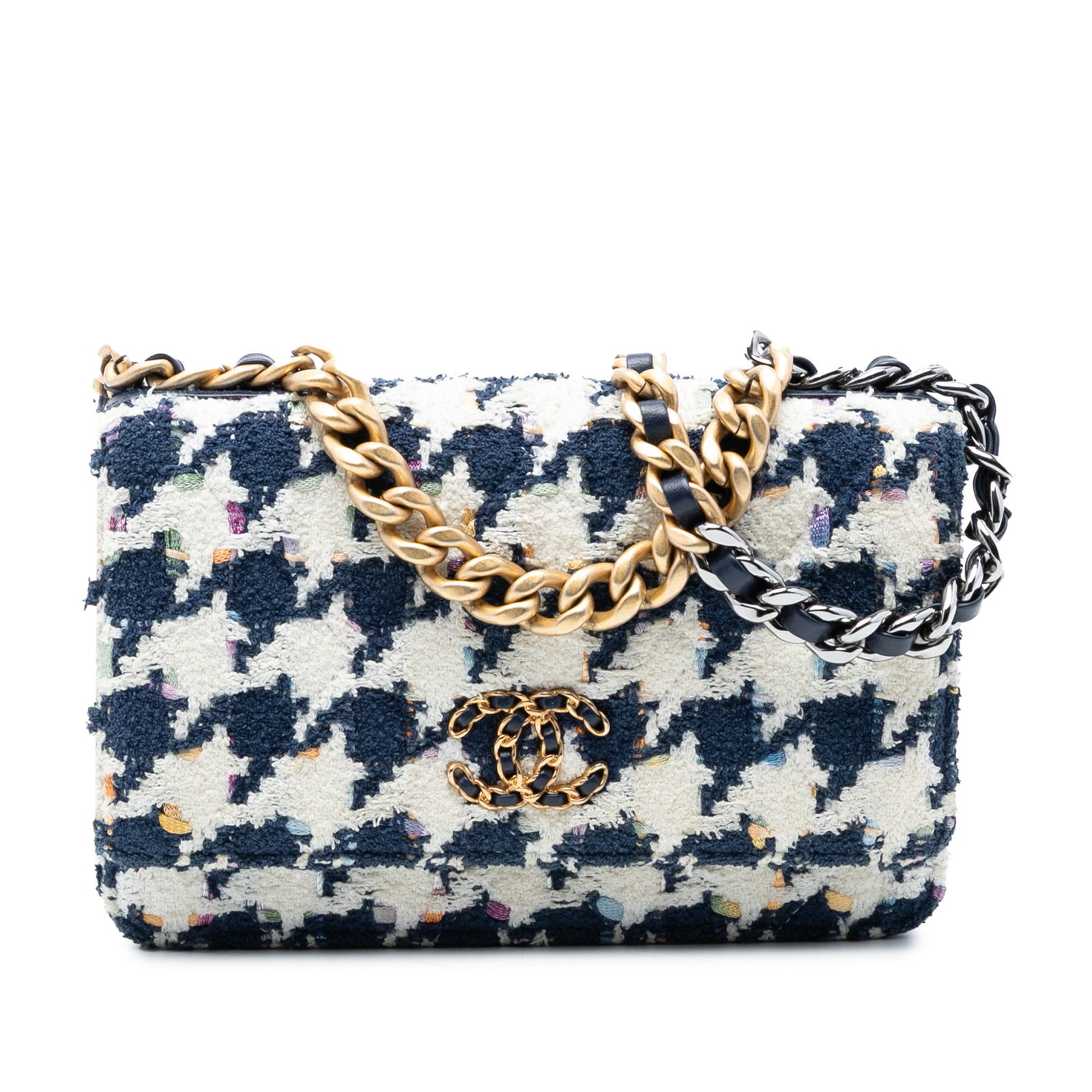 Chanel blue tweed wallet on chain 19: Chanel blue tweed wallet on chain 19 This Chanel Tweed 19 Wallet On Chain showcases a blue tweed body complemented by a gold-tone chain link handle and a leather-woven chain link strap with a leather 