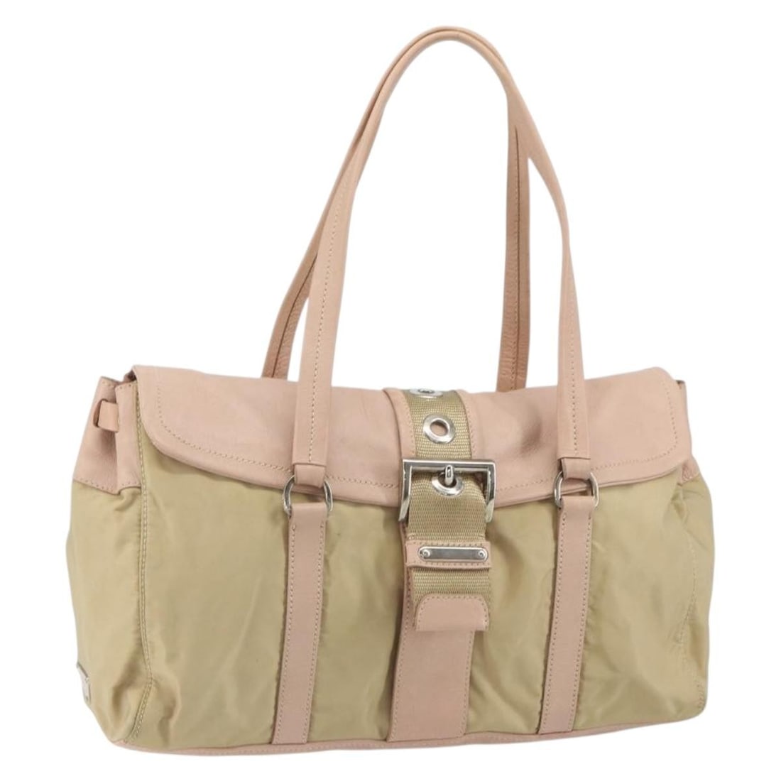 Prada beige nylon silver-tone tote bag Italy 13.8 inch: Prada beige nylon silver-tone tote bag Italy 13.8 inch This PRADA tote bag features a beige nylon exterior with silver-tone accents and leather details. Designed for women, it offers a spacious interi