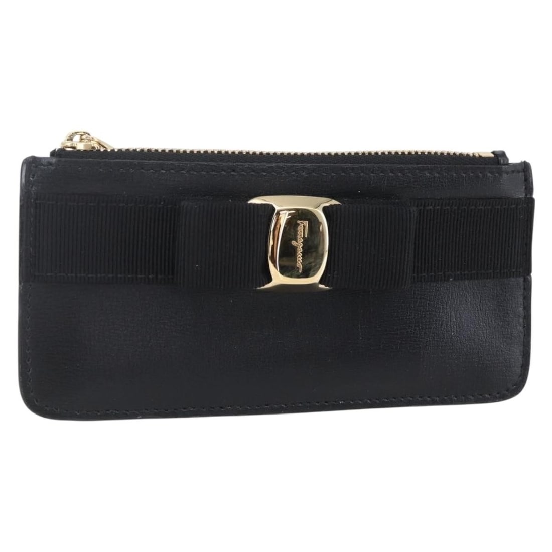 Salvatore Ferragamo Vala Black Gold Leather Card Case Auth BA8463 (1 of 18)