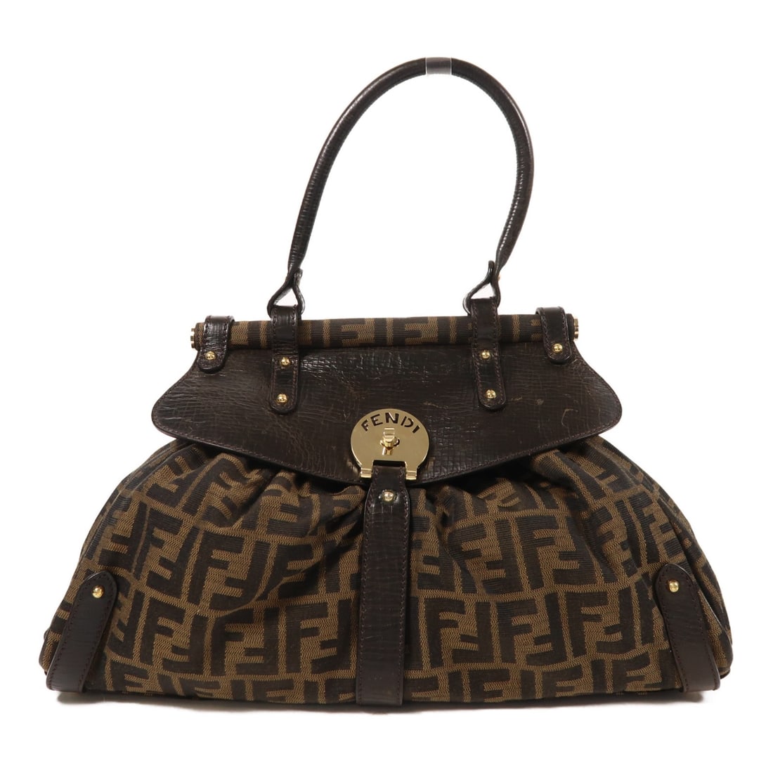 Fendi 8BN144 Brown Calfskin Canvas Handbag GHW: Fendi 8BN144 Brown Calfskin Canvas Handbag GHW This Fendi handbag features a sophisticated design crafted from calfskin leather and canvas in a classic brown color. Made in Italy, it offers a spacious