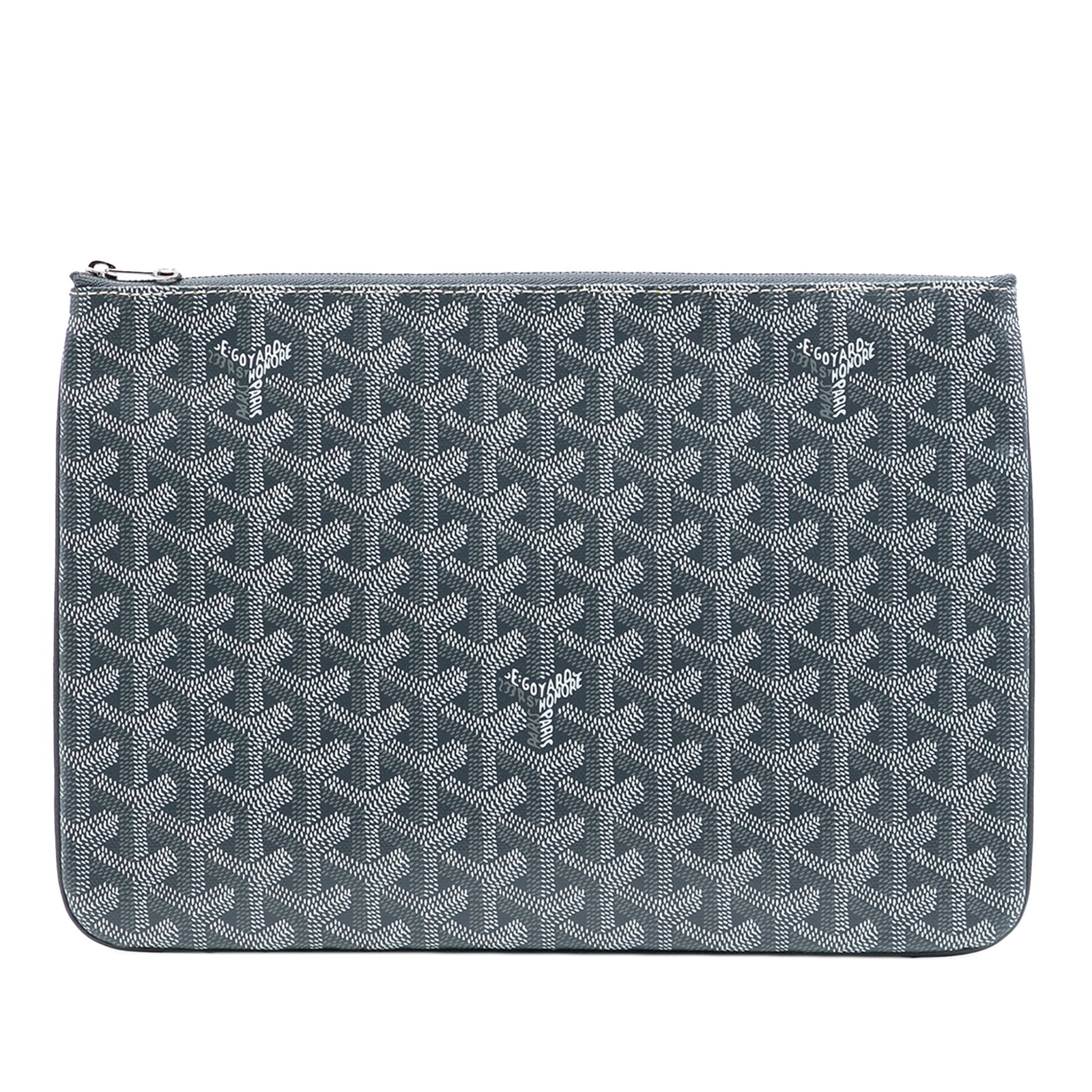 Goyard Goyardine Senat MM Gray Coated Canvas Pouch with Zip Closure: Goyard Goyardine Senat MM Gray Coated Canvas Pouch with Zip Closure This Goyardine Senat MM features a coated canvas body in gray with a top zip closure and an interior slip pocket. The exterior back 