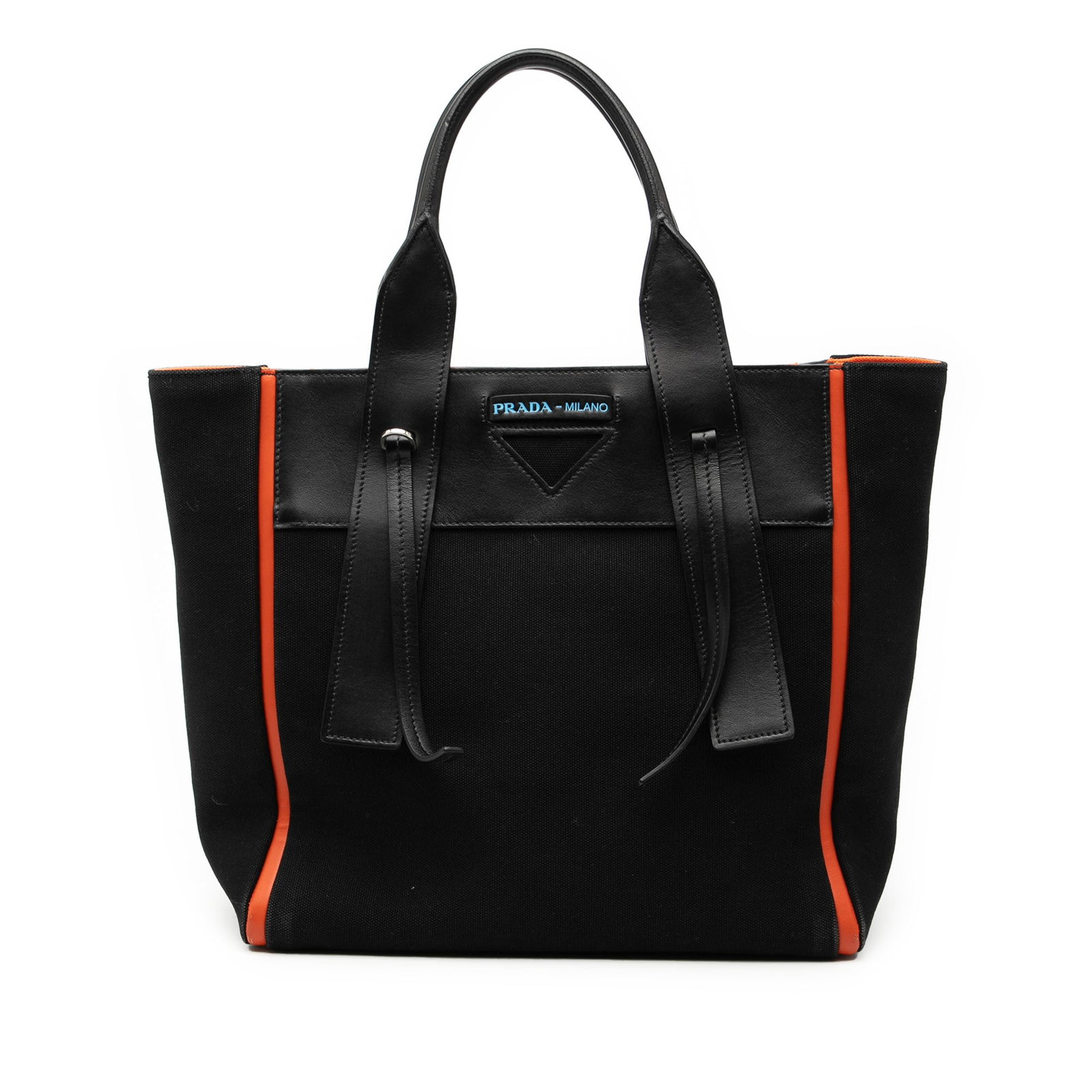 Medium Ouverture Satchel Black Canvas Handbag with Leather Trim by Prada: Medium Ouverture Satchel Black Canvas Handbag with Leather Trim by Prada This Prada Medium Canvas Ouverture Satchel features a canvas body with leather trim, rolled leather handles, a top zip closure,