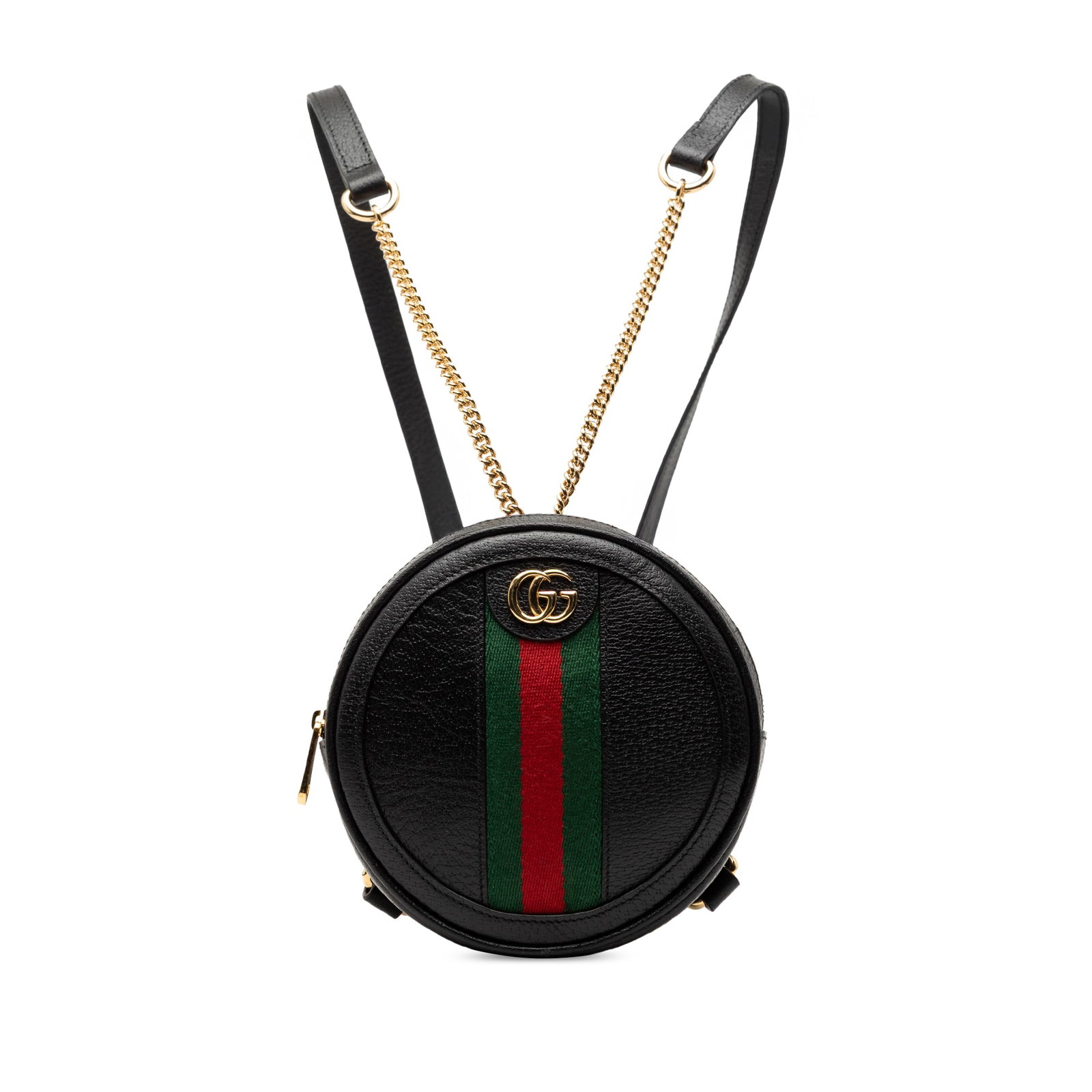 Gucci Ophidia Mini Black Leather Round Backpack with Adjustable Straps: Gucci Ophidia Mini Black Leather Round Backpack with Adjustable Straps This Gucci Mini Leather Round Ophidia Backpack features a black leather body accented with a canvas web detail. The design includ