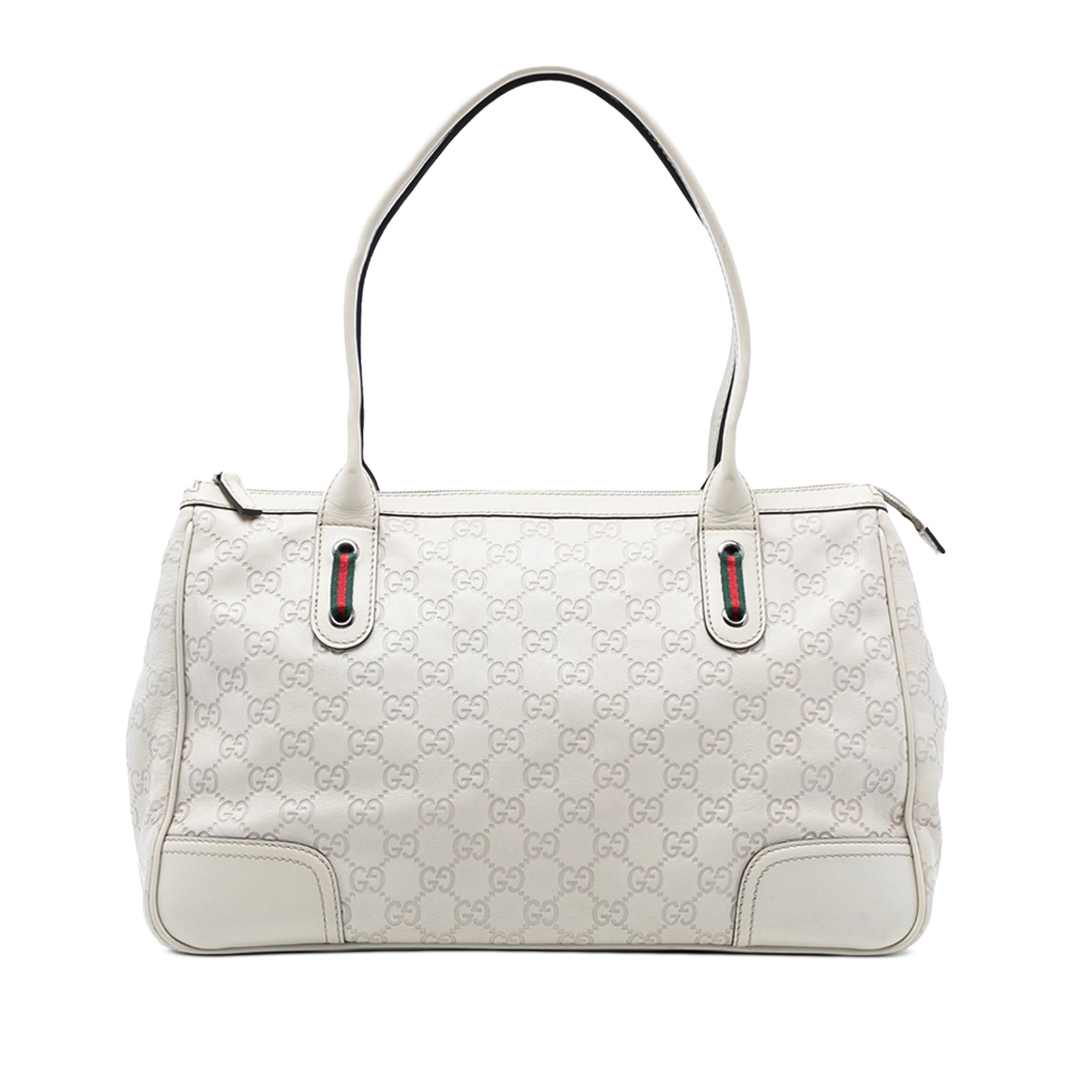 Gucci Princy White Leather Tote with Top Zip and Interior Pocket: Gucci Princy White Leather Tote with Top Zip and Interior Pocket The Guccissima Princy Tote is crafted from white leather and features rolled leather handles, a top zip closure, and an interior zip po