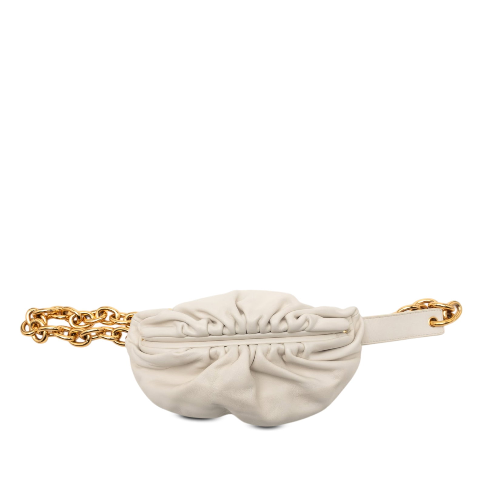 Bottega Veneta Lambskin Chain Belt Bag: Bottega Veneta Lambskin Chain Belt Bag This Bottega Veneta Belt Chain Pouch features a luxurious lambskin leather body in white with a gold-tone chain link strap and a top magnetic frame closure. Made