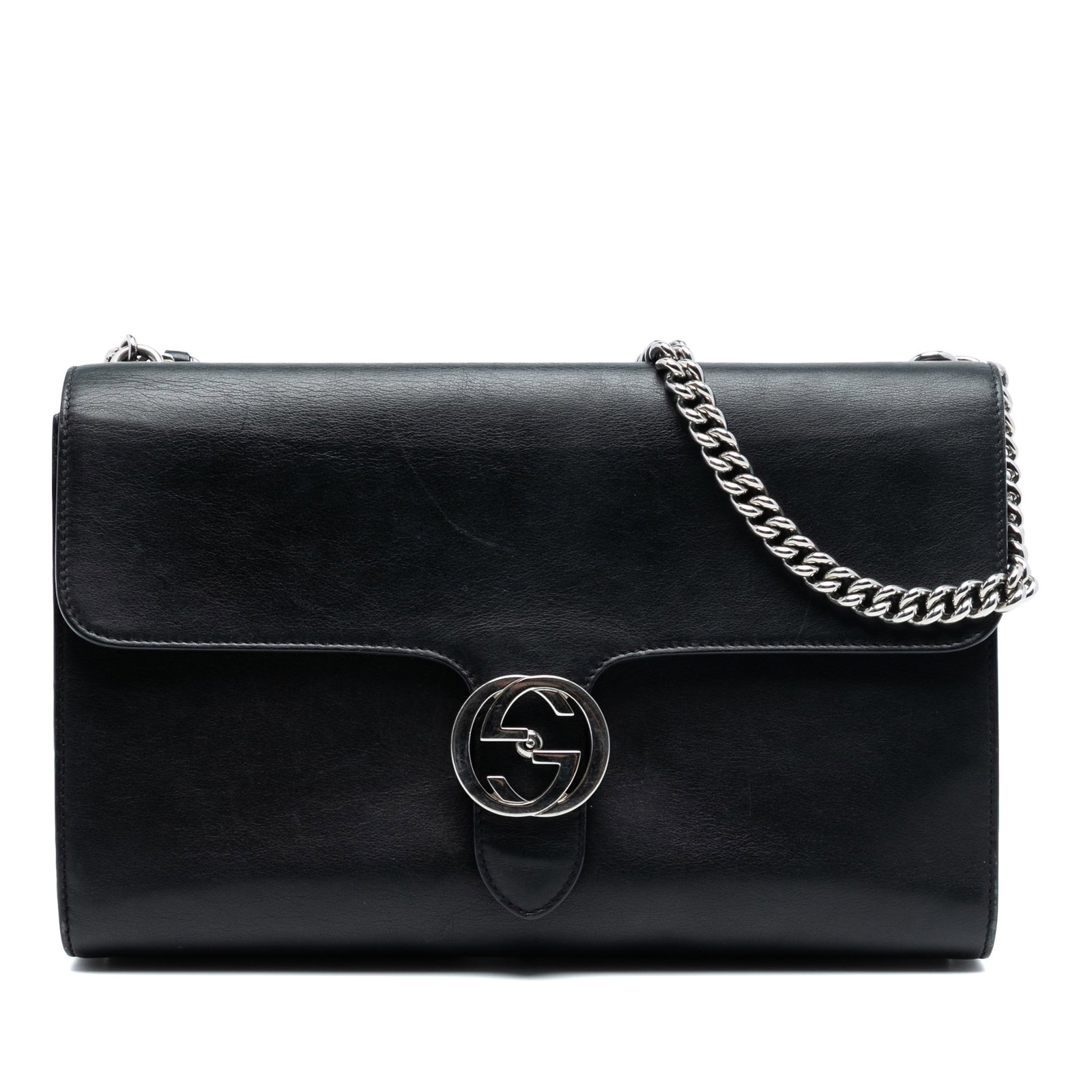 Gucci Interlocking G Medium Black Leather Chain Shoulder Bag: Gucci Interlocking G Medium Black Leather Chain Shoulder Bag This Gucci Medium Leather Dollar Interlocking G Crossbody bag showcases a polished black leather body, a chain link shoulder strap, and a f