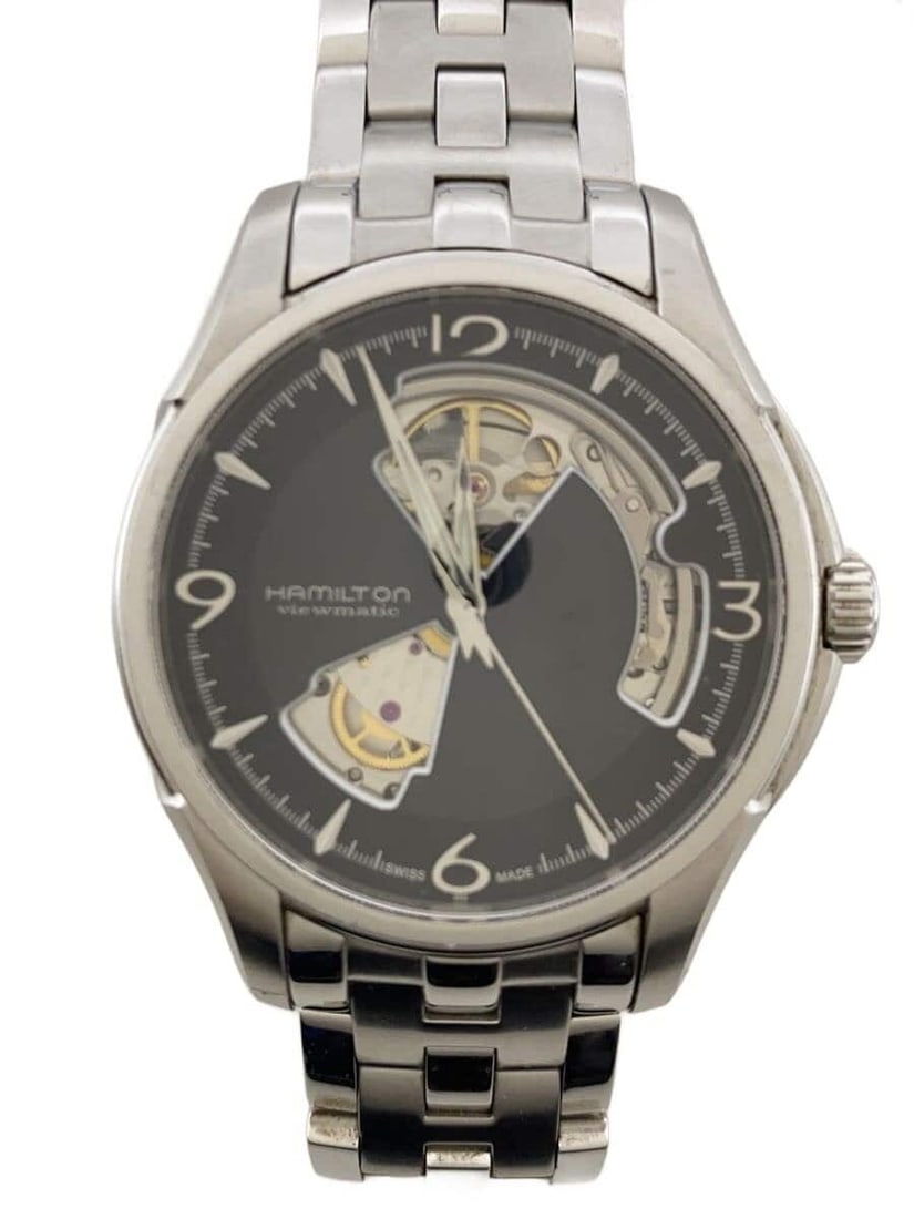 Hamilton Jazzmaster Open Heart stainless steel men's wristwatch: Hamilton Jazzmaster Open Heart stainless steel men's wristwatch This is a HAMILTON Jazzmaster Open Heart H325651 men's wristwatch featuring a black dial and stainless steel construction. The watch is 