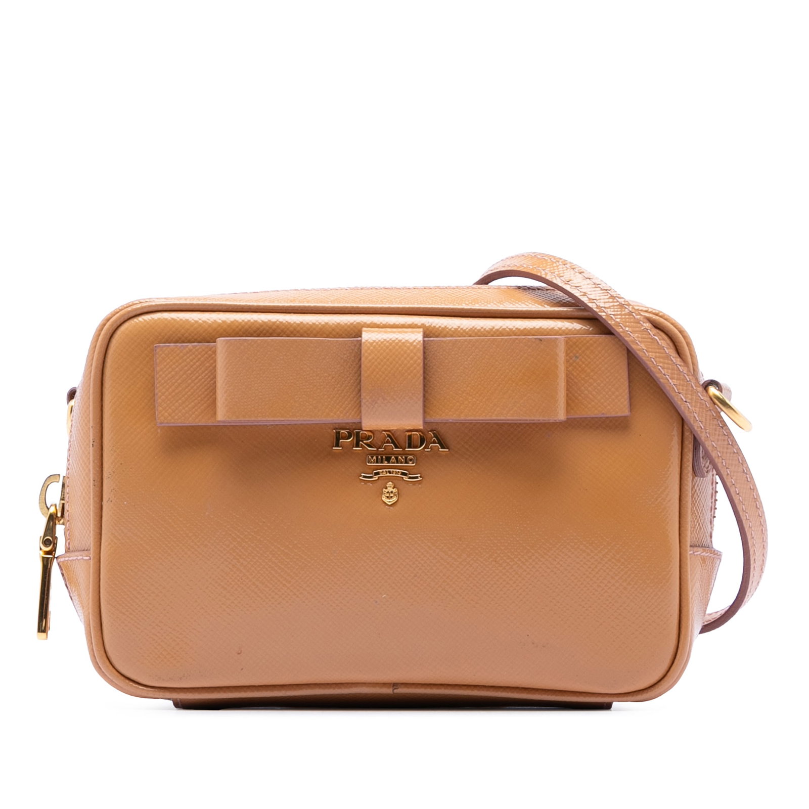 Prada Bow Camera Bag Saffiano Vernice Leather Crossbody Brown (1 of 6)