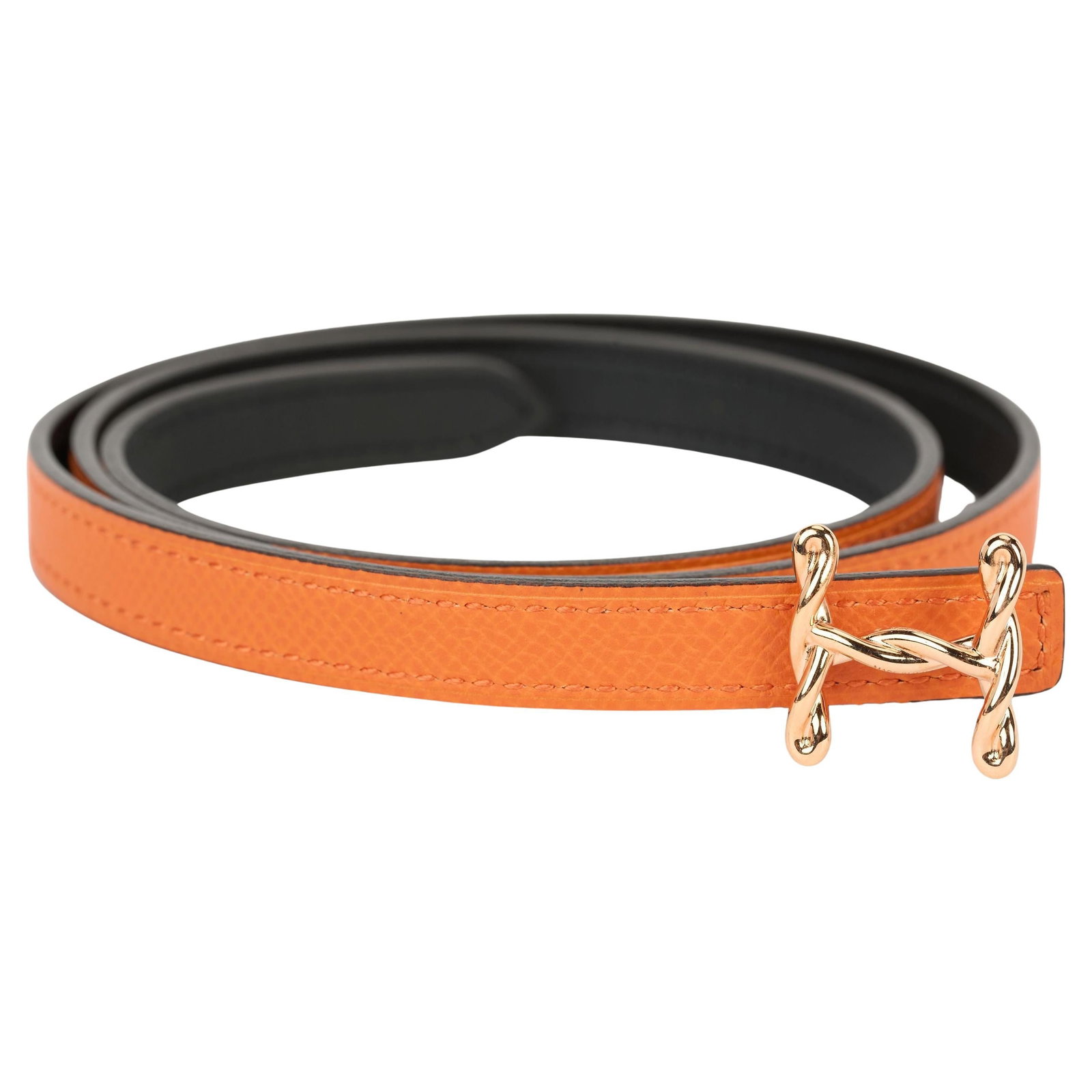 Hermes Reversible Orange Epsom Leather Belt with Rose Gold Torsade H Buckle (1 of 5)