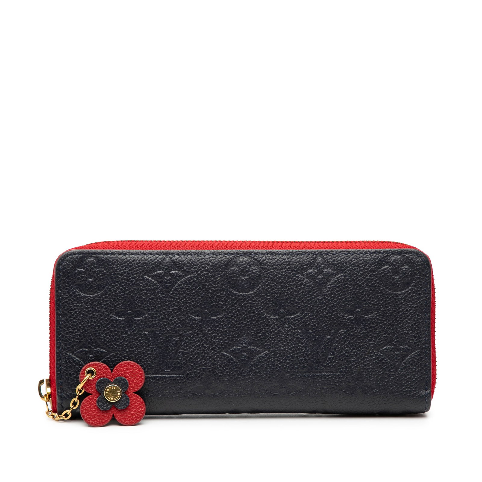 Louis Vuitton Clemence Blue Leather Wallet with Flower Charm: Louis Vuitton Clemence Blue Leather Wallet with Flower Charm This Louis Vuitton Monogram Empreinte Bloom Flowers Clemence Wallet features a blue monogram-embossed leather exterior with a flower charm 