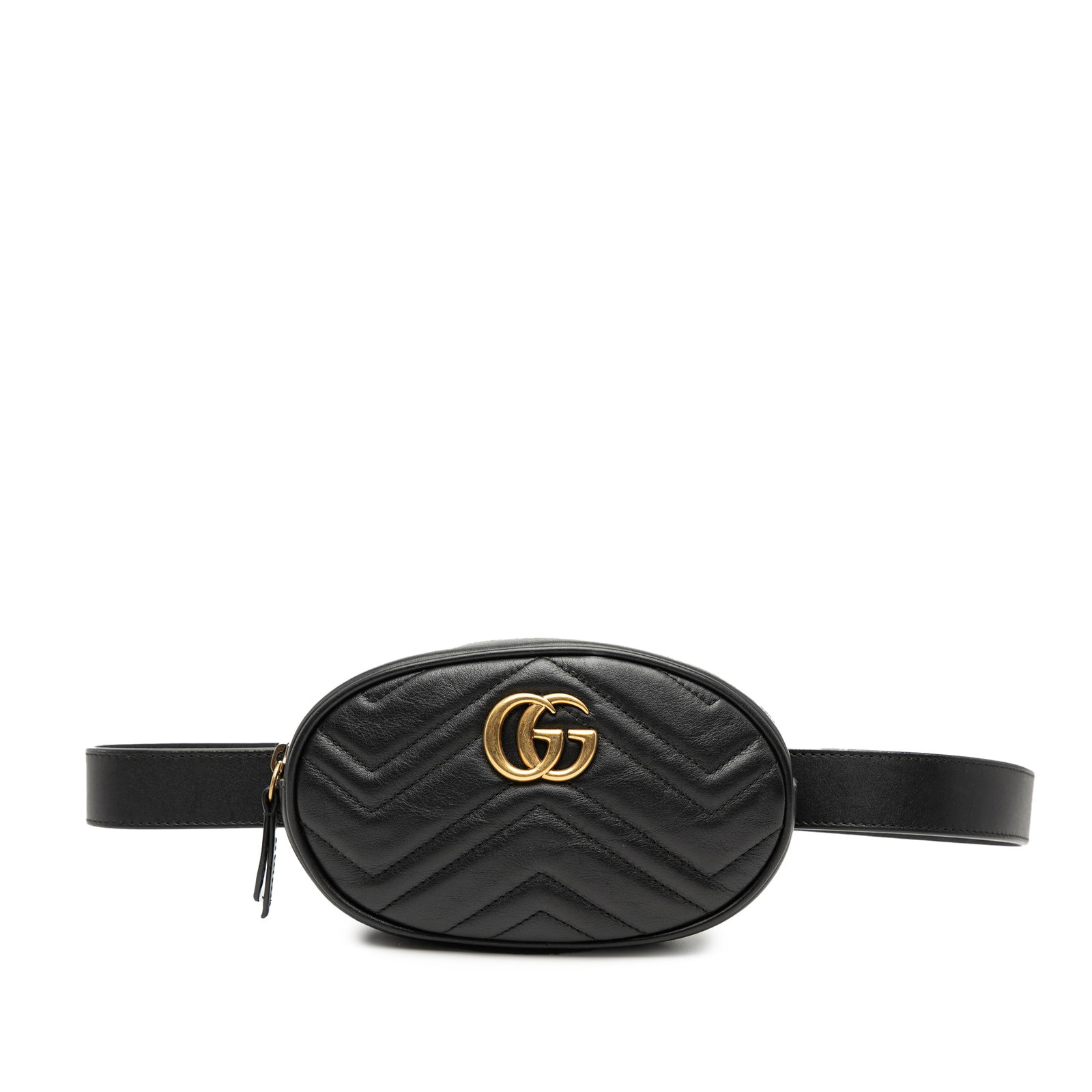 Black GG Marmont Quilted Leather Waist Bag by Gucci: Black GG Marmont Quilted Leather Waist Bag by Gucci This Gucci GG Marmont Matelasse belt bag features a quilted leather exterior in black, an adjustable flat leather waist strap, a top zip closure, an