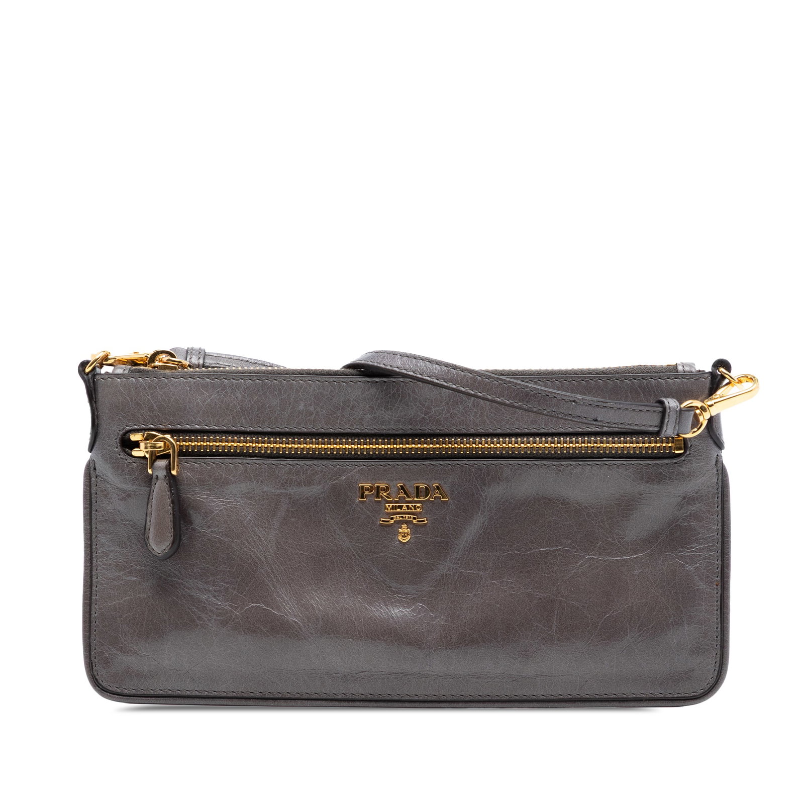 Prada Vitello Shine leather crossbody bag with front zip pocket: Prada Vitello Shine leather crossbody bag with front zip pocket This Prada Vitello Shine Crossbody bag features a gray leather body with a front zip pocket, a flat leather strap, and a top zip closure