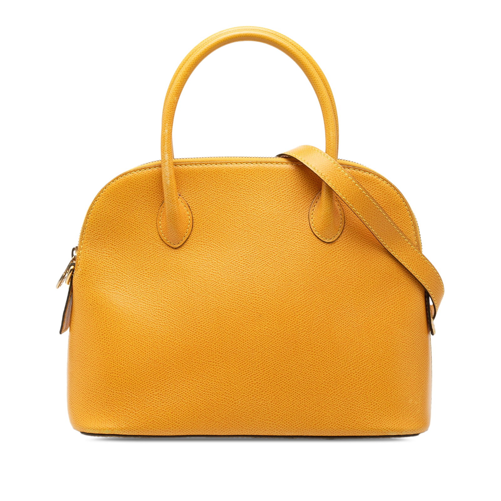 Celine yellow leather dome satchel: Celine yellow leather dome satchel This Celine Leather Dome Satchel is crafted from yellow leather and features rolled leather handles, a detachable flat leather strap, a top zip closure, and an inter