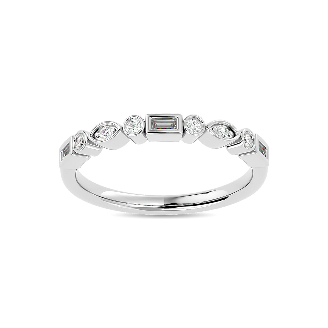 Diamond 1/5 Ct.tw Round and Straight Baguette Stackable Ring in 14K White Gold: Diamond 1/5 Ct.tw Round and Straight Baguette Stackable Ring in 14K White Gold 14k White Gold Stone Color: Gh Stone Clarity: Si2 Each ring is presented in standard size 6.5. Complimentary resizing is 