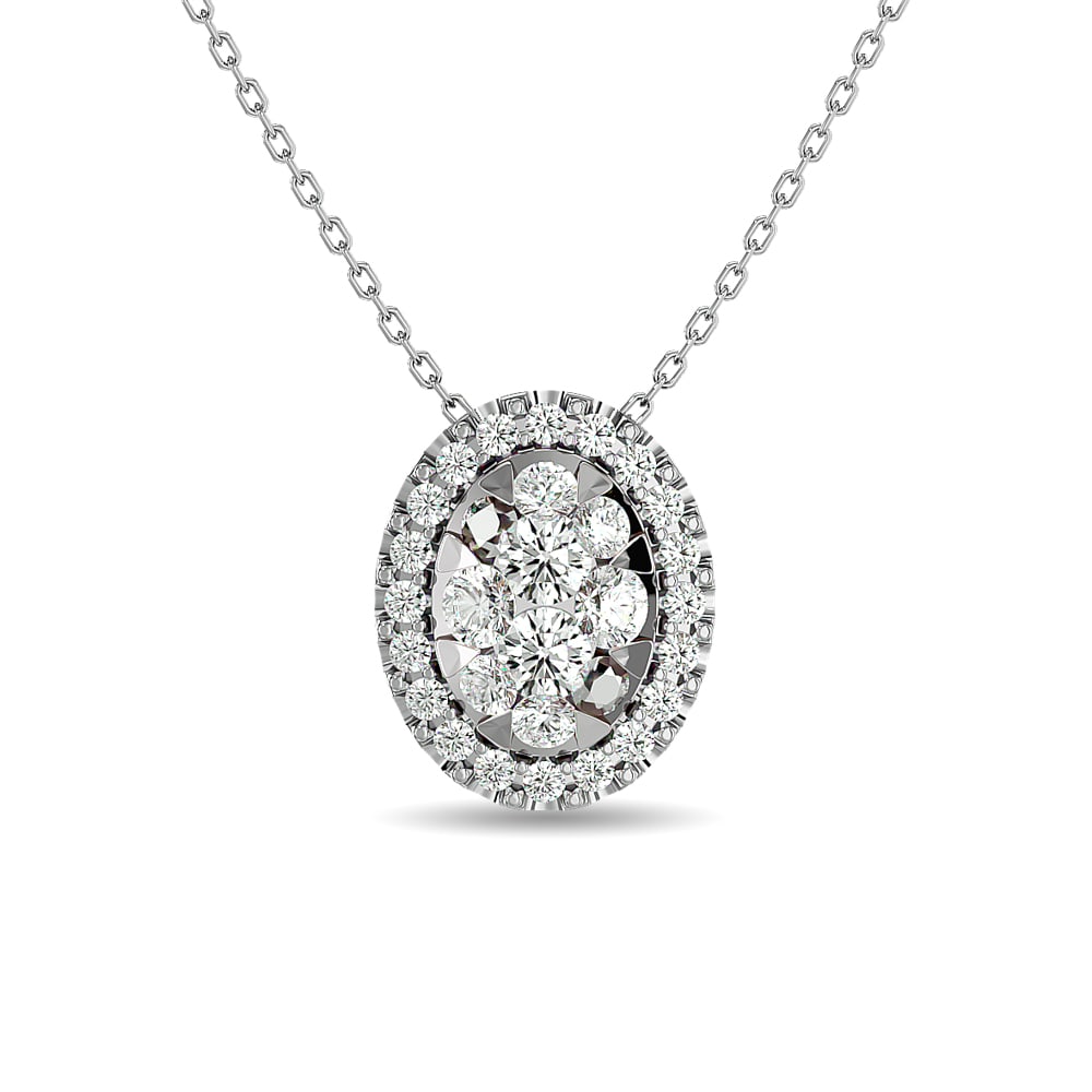 Diamond 1/2 Ct.tw Oval Shape Cluster Pendant in 14K White Gold: Diamond 1/2 Ct.tw Oval Shape Cluster Pendant in 14K White Gold 14k White Gold Stone Color: Gh Stone Clarity: Si1 Unless otherwise specified, pendants that include a chain are paired with our standard 