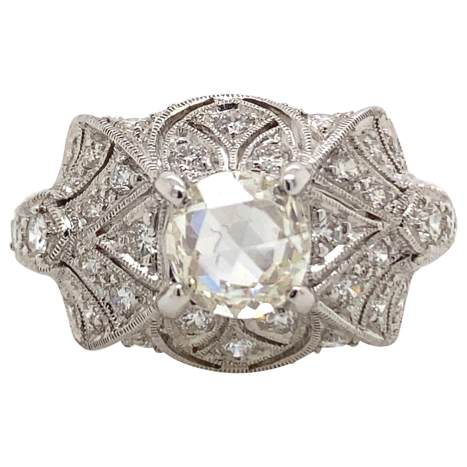 Edwardian Inspired 1.49ct Diamond Ring in 18k White Gold: Edwardian Inspired 1.49ct Diamond Ring in 18k White Gold This stunning Edwardian-inspired diamond ring features a captivating 1.49 carat total diamond weight, showcasing a 0.97 carat center rose cut