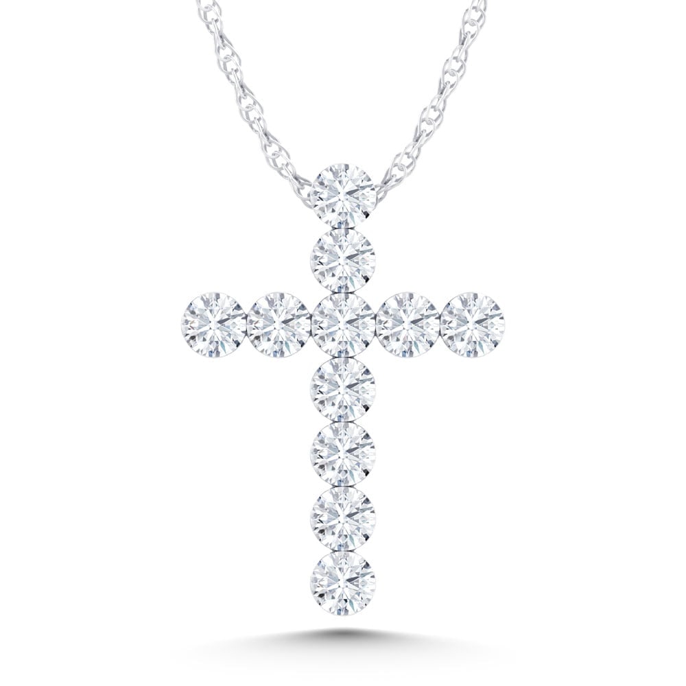 14K White Gold Lab Grown Diamond 2 Ct.Tw. Cross Pendant: 14K White Gold Lab Grown Diamond 2 Ct.Tw. Cross Pendant Crafted in luminous 14K white gold, this cross pendant showcases lab-grown diamonds totaling 2 carat total weight. 14k White Gold Stone Color: