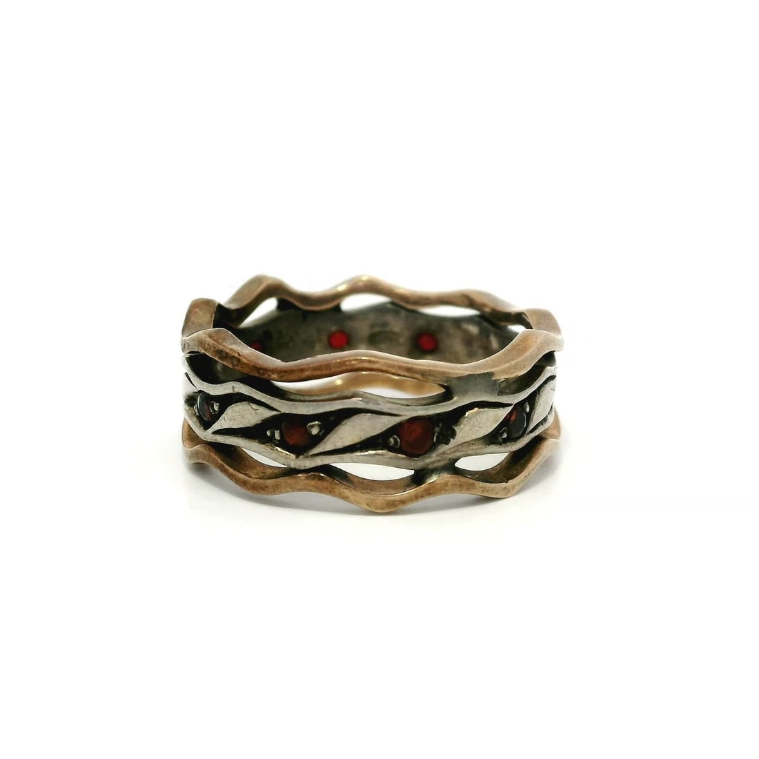 Handmade Sterling Silver Copper Garnet Wavy Stackable Band Ring - 2