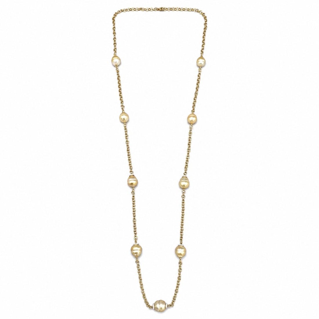 South Sea Pearl Diamond 18K Yellow Gold Necklace 38 Inches: South Sea Pearl Diamond 18K Yellow Gold Necklace 38 Inches This elegant necklace features nine South Sea pearls set in 18K yellow gold, accented by approximately 0.50 carats of diamonds with H-I color