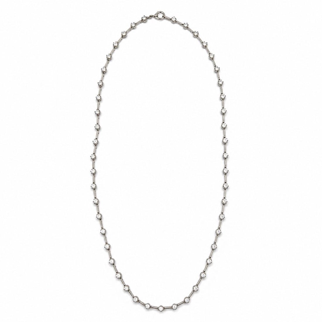 Platinum 49 Diamond Necklace 3.40 Ct 16 Inch: Platinum 49 Diamond Necklace 3.40 Ct 16 Inch This elegant necklace is crafted in platinum and features 49 diamonds with a total weight of approximately 3.40 carats. The diamonds are graded G-H in