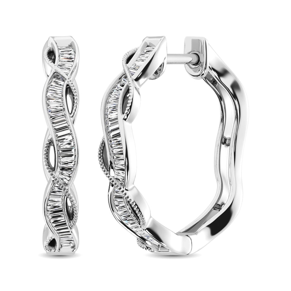 10K White Gold Baguette Diamond 1/5 Ct.Tw. Hoop Earrings: 10K White Gold Baguette Diamond 1/5 Ct.Tw. Hoop Earrings These eye-catching earrings are available in 10K White Gold Gold and set with 1/5 Ct.Tw. baguette diamonds 10k White Gold Stone Color: Gh