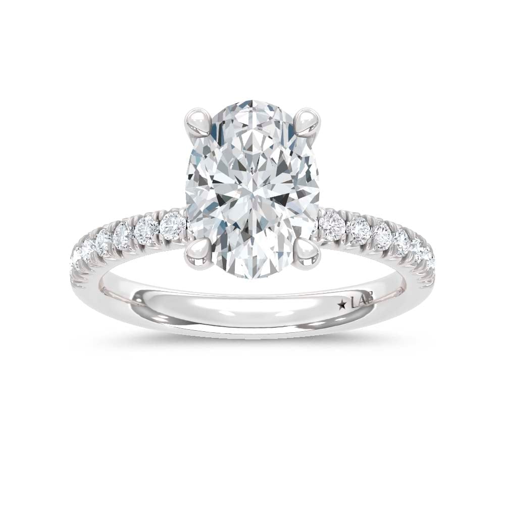 14K White Gold Lab Grown Diamond 2 1/3 Ct.Tw. Engagement Ring (Center Oval 2 Ctw): 14K White Gold Lab Grown Diamond 2 1/3 Ct.Tw. Engagement Ring (Center Oval 2 Ctw) Discover subtle brilliance and modern elegance with our Hidden Halo Diamond Engagement Ring. This elegant engagement