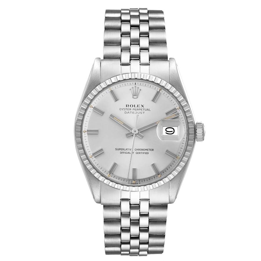 Rolex Datejust 1603 Silver Stick Dial Jubilee Bracelet: Rolex Datejust 1603 Silver Stick Dial Jubilee Bracelet This Rolex Datejust features a silver stick dial and an engine-turned bezel, complemented by a folded Jubilee bracelet. It is a men's model, refe