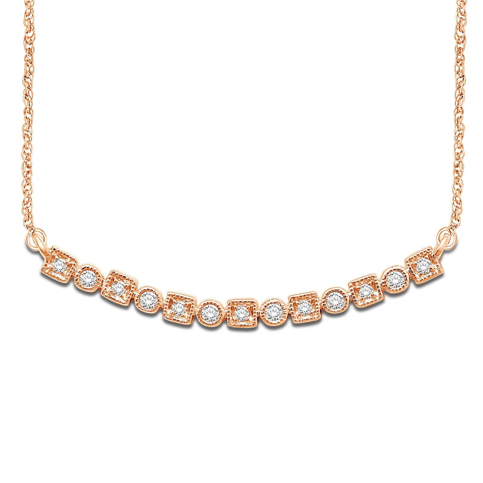 14K Rose Gold 1/8 Ct.Tw. Diamond Stackable Necklace: 14K Rose Gold 1/8 Ct.Tw. Diamond Stackable Necklace This Amazing Necklace Is Available In 14K Rose Gold. There Are 13 Round Diamonds With A Total Carat Weight Of 1/8 Ct.Tw. Set In A Bezel / Prong