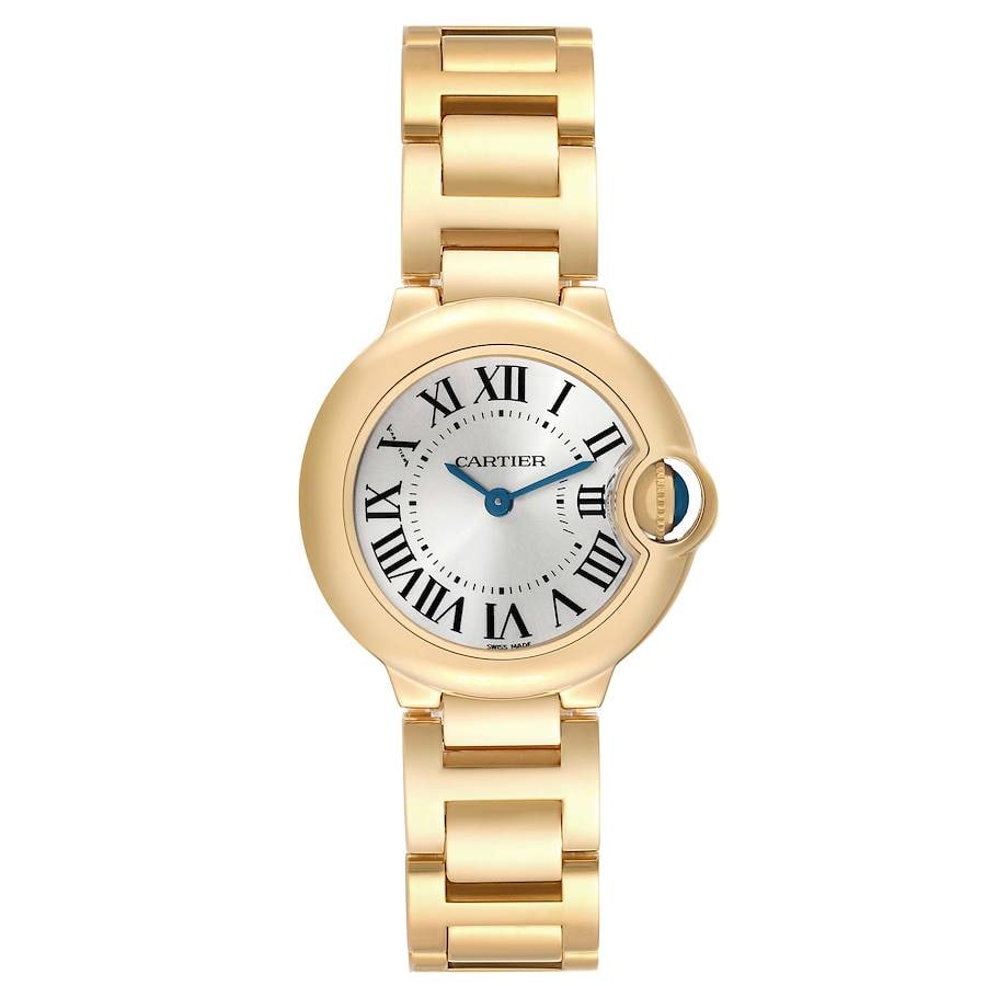 28mm Ballon Bleu 18k Yellow Gold Ref 3006 W6900122 Roman Dial With Papers 2009: 28mm Ballon Bleu 18k Yellow Gold Ref 3006 W6900122 Roman Dial With Papers 2009 This Cartier Ballon Bleu features a silver Roman numeral dial and is crafted from 18k yellow gold. The watch measures 28m